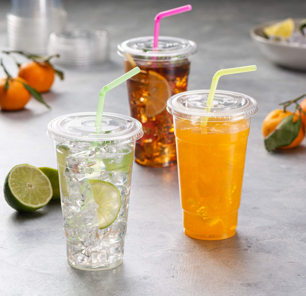 ELEGANT DISPOSABLES Crystal Clear PET Cups With Flat lids for Iced Coffee (24 oz)