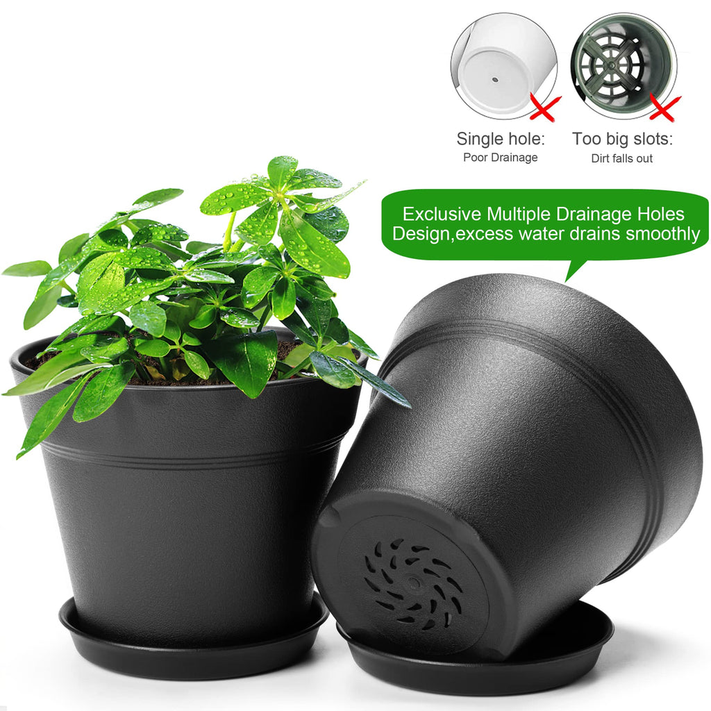 FHWTY 4 inch Plastic Plant Pots with Drainage Holes and Tray, 16 Pack Thickened Indoor Planters Seedlings Nursery Pots for Flowers, African Violet, Succulent and All House Plants, Black