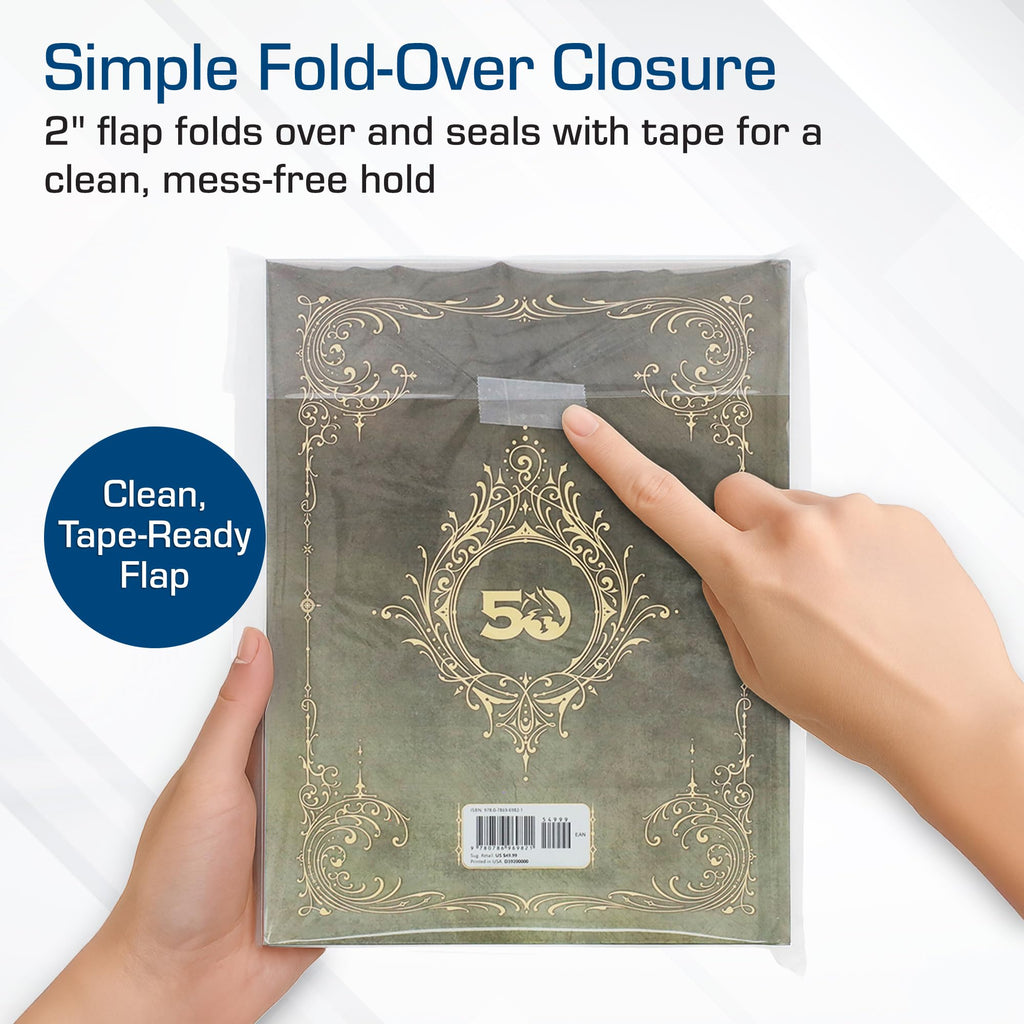 BCW Book Storage Bags – 100 Pack | 10" x 13" + 2" Fold-Over Flap | Archival-Safe Polypropylene Sleeves for RPG Books, Manuals & Magazines | Crystal Clear Book Protector Bags