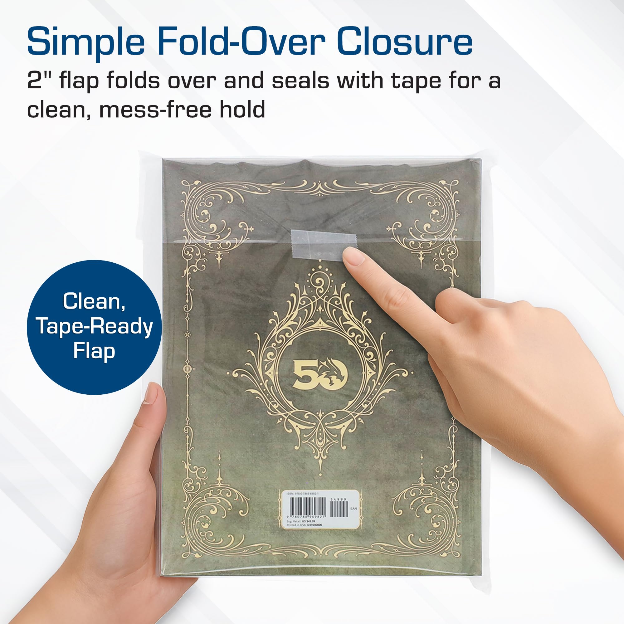 BCW Book Storage Bags – 100 Pack | 10" x 13" + 2" Fold-Over Flap | Archival-Safe Polypropylene Sleeves for RPG Books, Manuals & Magazines | Crystal Clear Book Protector Bags