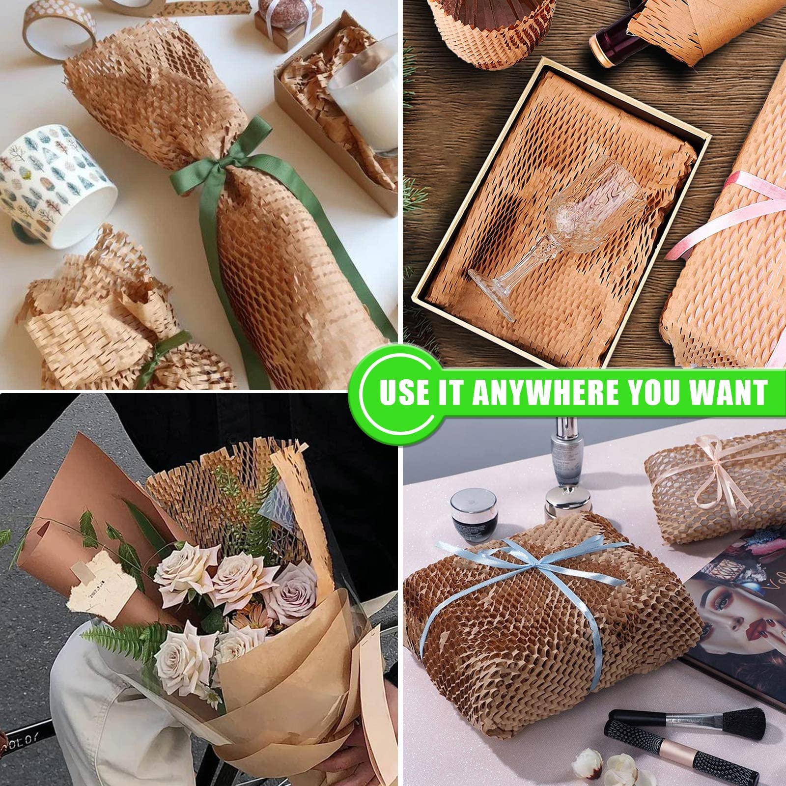 Honeycomb Packing Paper, MINHAO 15"x230' Eco Friendly Packing Paper for Moving Recyclable Honeycomb Paper Moving Supplies Bubble Wrapping Protective Roll, With 36 Fragile Sticker Labels