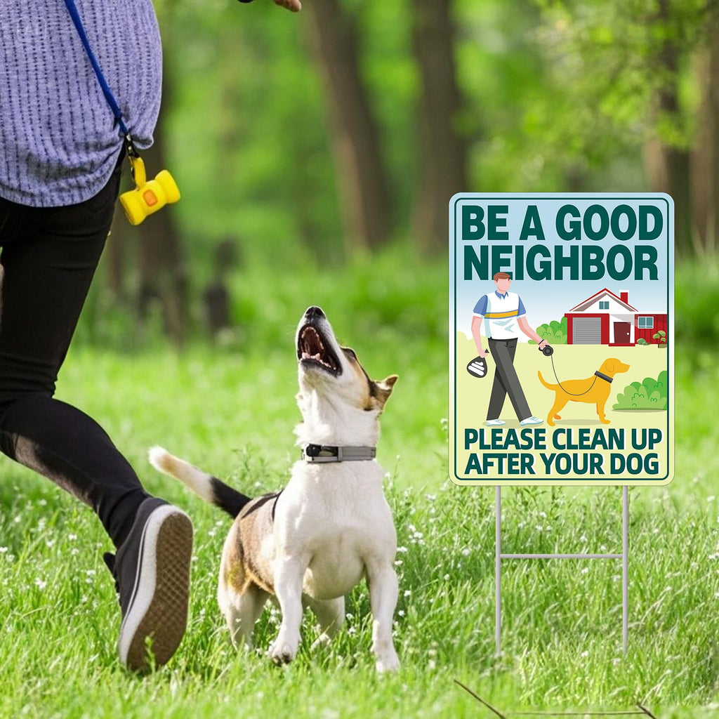 Clean UP After Your Dog Signs, 2-Pack 13"x10" Double-Sided H-Stake Metal Stakes Dog Poop Signs for Lawn, Pick Up After Your Dog Sign