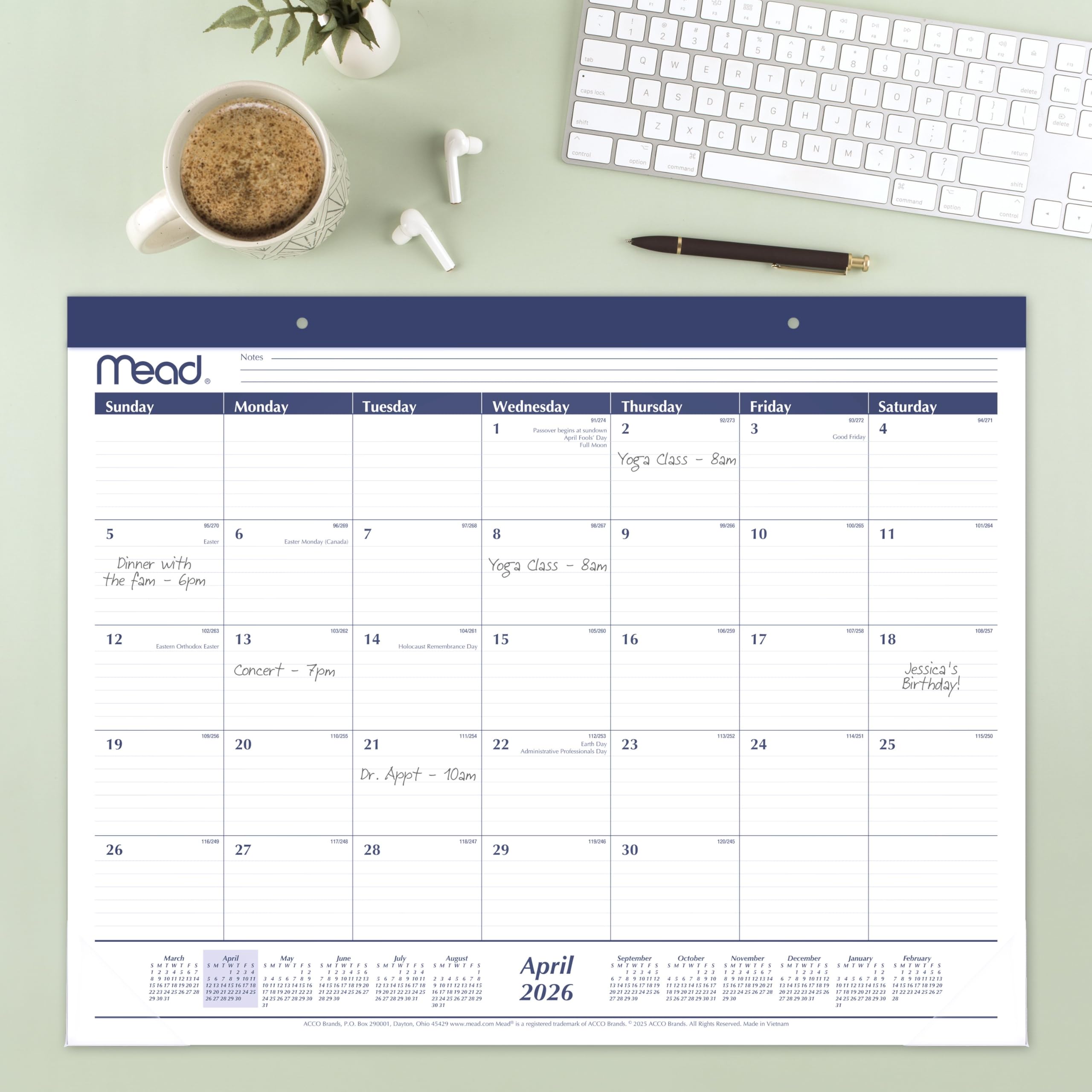 Mead Desk Calendar 2026-2027 Planning Pad, Academic 15-Month April-June, Monthly, 21-3/4" x 17" Standard, Ruled Daily Block, Basic (CAM92020)