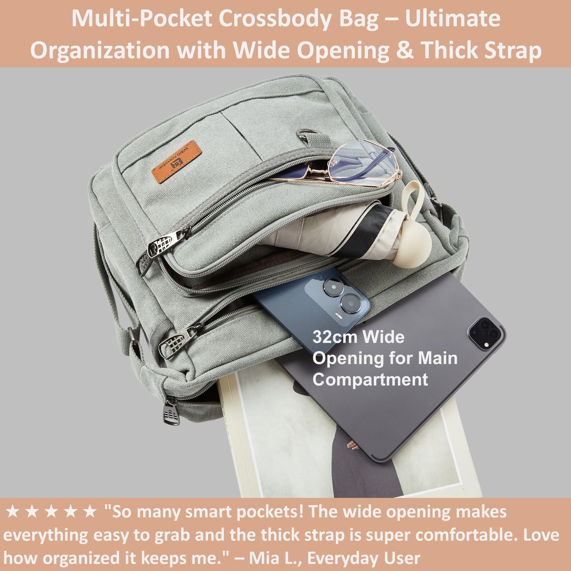 Anti-theft Rfid Crossbody Bag, Messenger Work Bag with Water Bottle Holders, 13 inch Shoulder Laptop Bag W/Built-in Wallet for Work, Travel, Tool, Commute, Camera, Grey