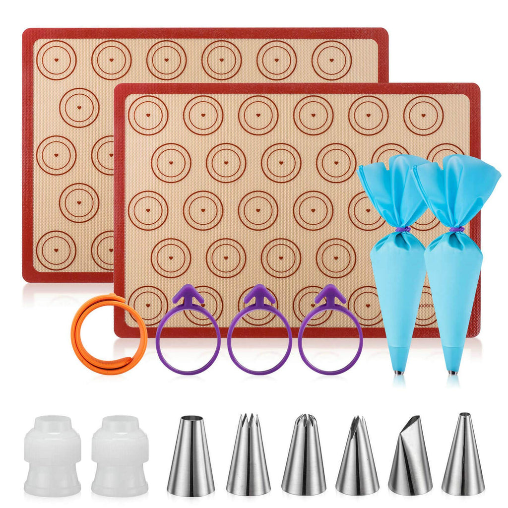 Silicone Macaron Baking Mat Kit - 16pcs Set, Macaroon Baking Mat Set of 2 Half Sheet Macaron Silicone Mat Nonstick Macaron Mat Sheet,6 Piping Tip,2 Piping Bag with 3 Bag Tie, 2 Coupler (11.6"x16.5")