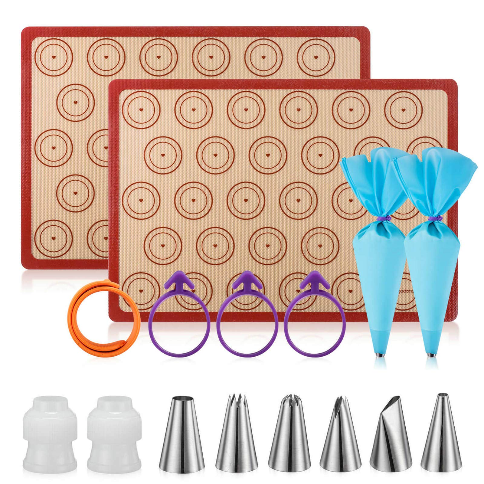 Silicone Macaron Baking Mat Kit - 16pcs Set, Macaroon Baking Mat Set of 2 Half Sheet Macaron Silicone Mat Nonstick Macaron Mat Sheet,6 Piping Tip,2 Piping Bag with 3 Bag Tie, 2 Coupler (11.6"x16.5")
