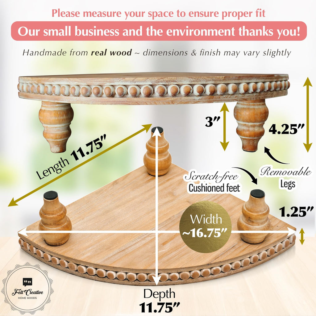 Farmhouse Corner Shelf Stand [with Removable Feet] - Bathroom Countertop Organizer, Decorative Tray Riser, Beaded Wooden Tray, Corner Tray Plant Stand, Coffee Bar Organizer for Kitchen Countertop