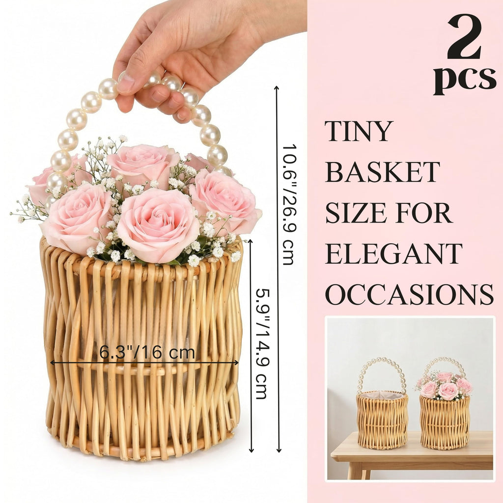 ZEAYEA 2 Pack Flower Girl Basket with Pearl Handle, Wedding Wicker Rattan Storage Basket, Boho Woven Small Flower Basket for Candy, Easter, Christmas, Home Decorations