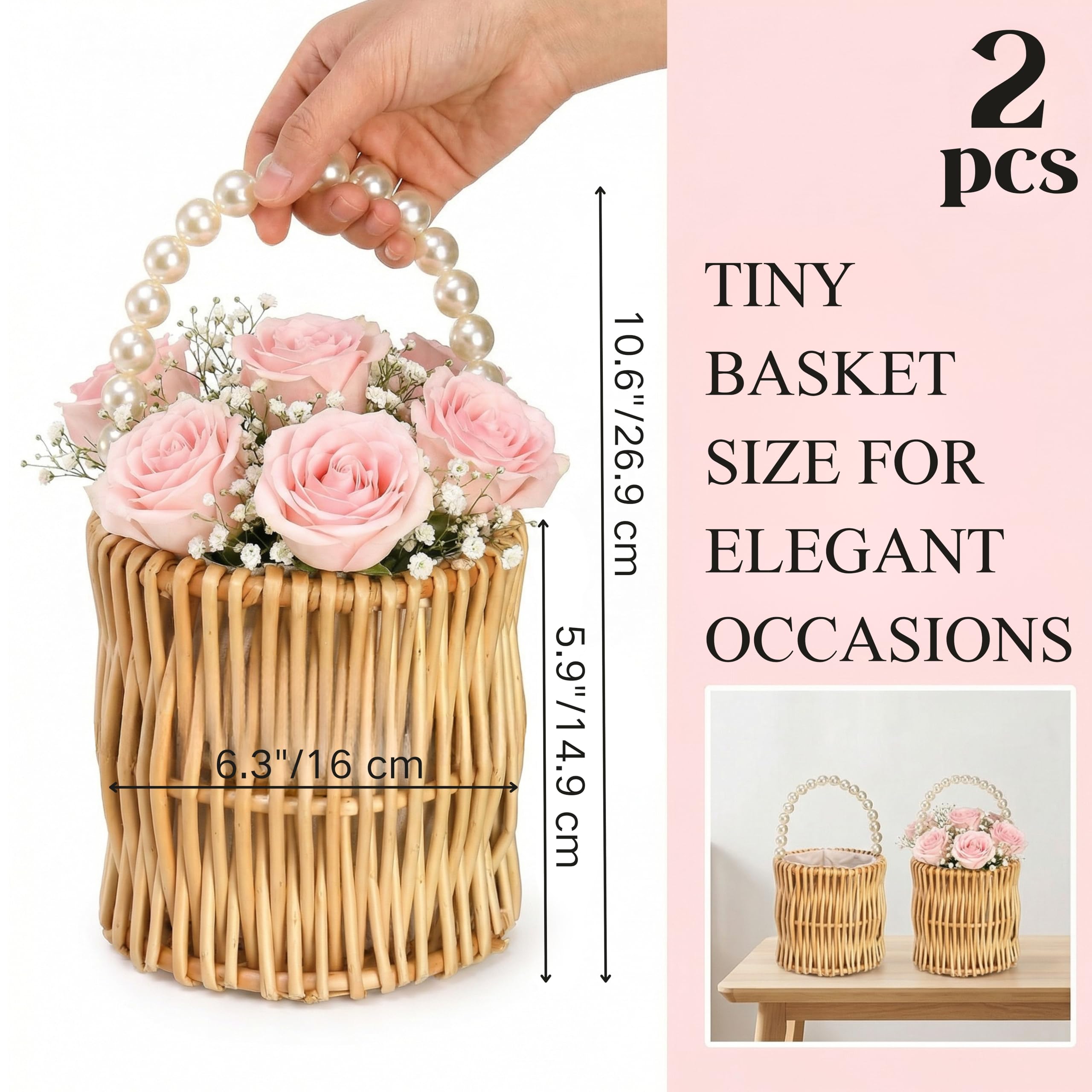 ZEAYEA 2 Pack Flower Girl Basket with Pearl Handle, Wedding Wicker Rattan Storage Basket, Boho Woven Small Flower Basket for Candy, Easter, Christmas, Home Decorations