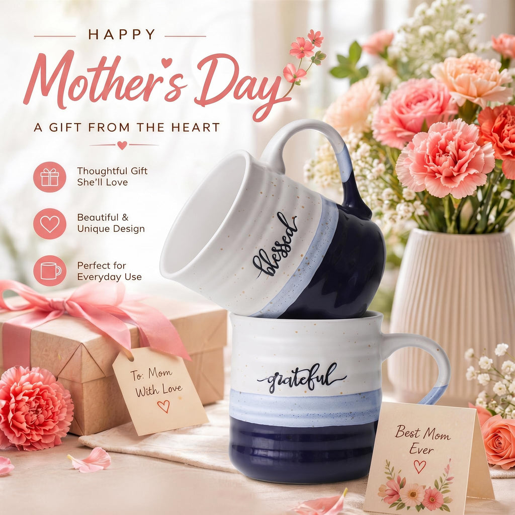 DOWAN 18 oz Large Coffee Mugs, Ceramic Mug Set with Words Blessed Grateful, Easy to Hold, Stylish Texture and Glaze, Dishwasher and Microwave Safe, Thank You Gift for Family Friend, 2 PCS