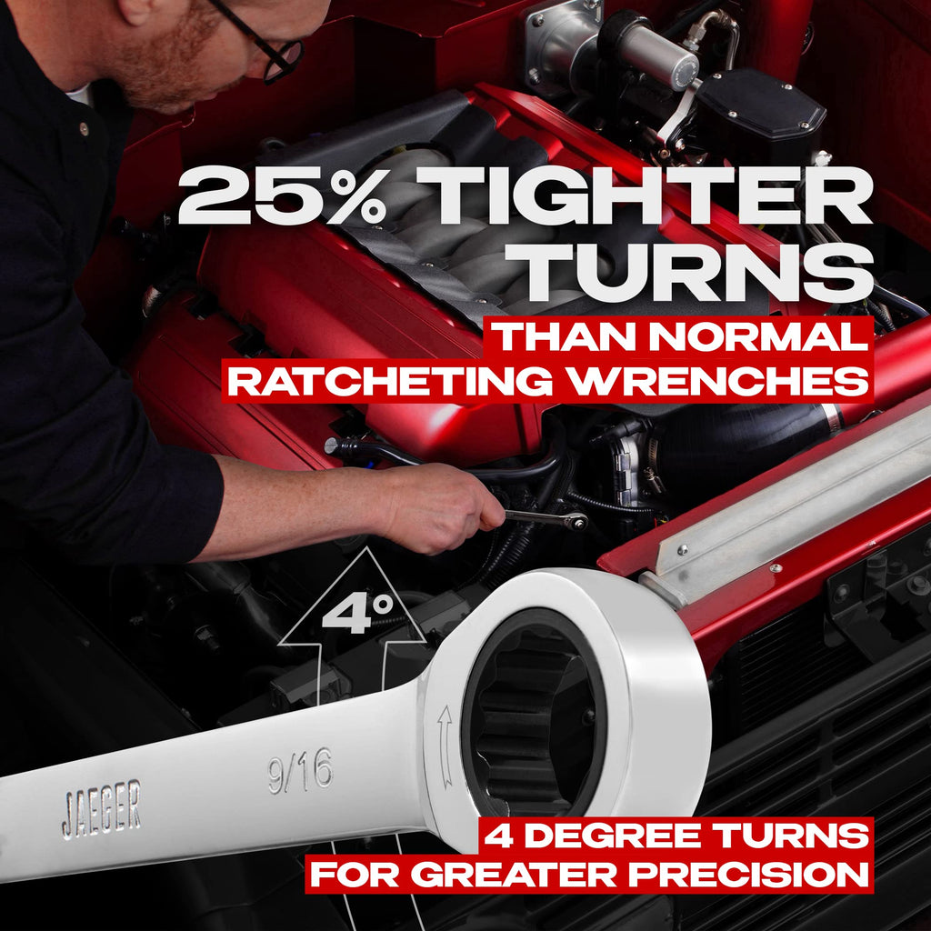 Jaeger 9/16 Inch Ratcheting Wrench with Upgraded 4° Ratcheting Precision and Hardened, Polished Steel for Projects with Tight Spaces