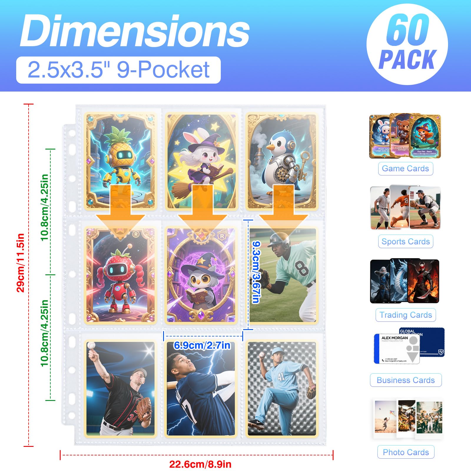 60 Pack 1080 Pockets Binder Card Sleeves Double-Sided 9 Pocket Trading Card Pages for 3 Ring Binder, Clear Plastic Pages Sleeves for Sport Cards, Business Cards, Game Cards, Photos