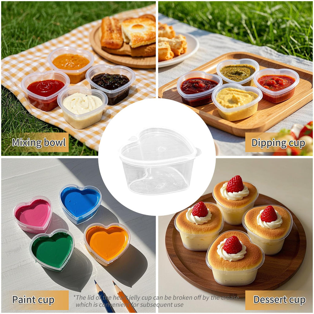 100 Sets 1.5 oz Heart Shaped Jello Shot Cups with Lids, Disposable Plastic Cups,Small Condiment Containers,Plastic Souffle Cup, Mini Sample Tasting Cups, Dipping Sauce Cup To Go Bowls, Clear