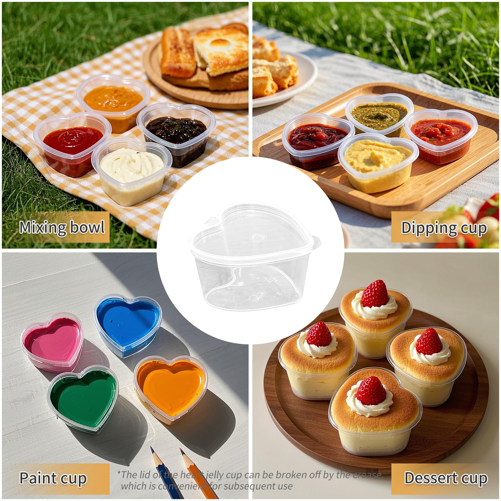 100 Sets 1.5 oz Heart Shaped Jello Shot Cups with Lids, Disposable Plastic Cups,Small Condiment Containers,Plastic Souffle Cup, Mini Sample Tasting Cups, Dipping Sauce Cup To Go Bowls, Clear