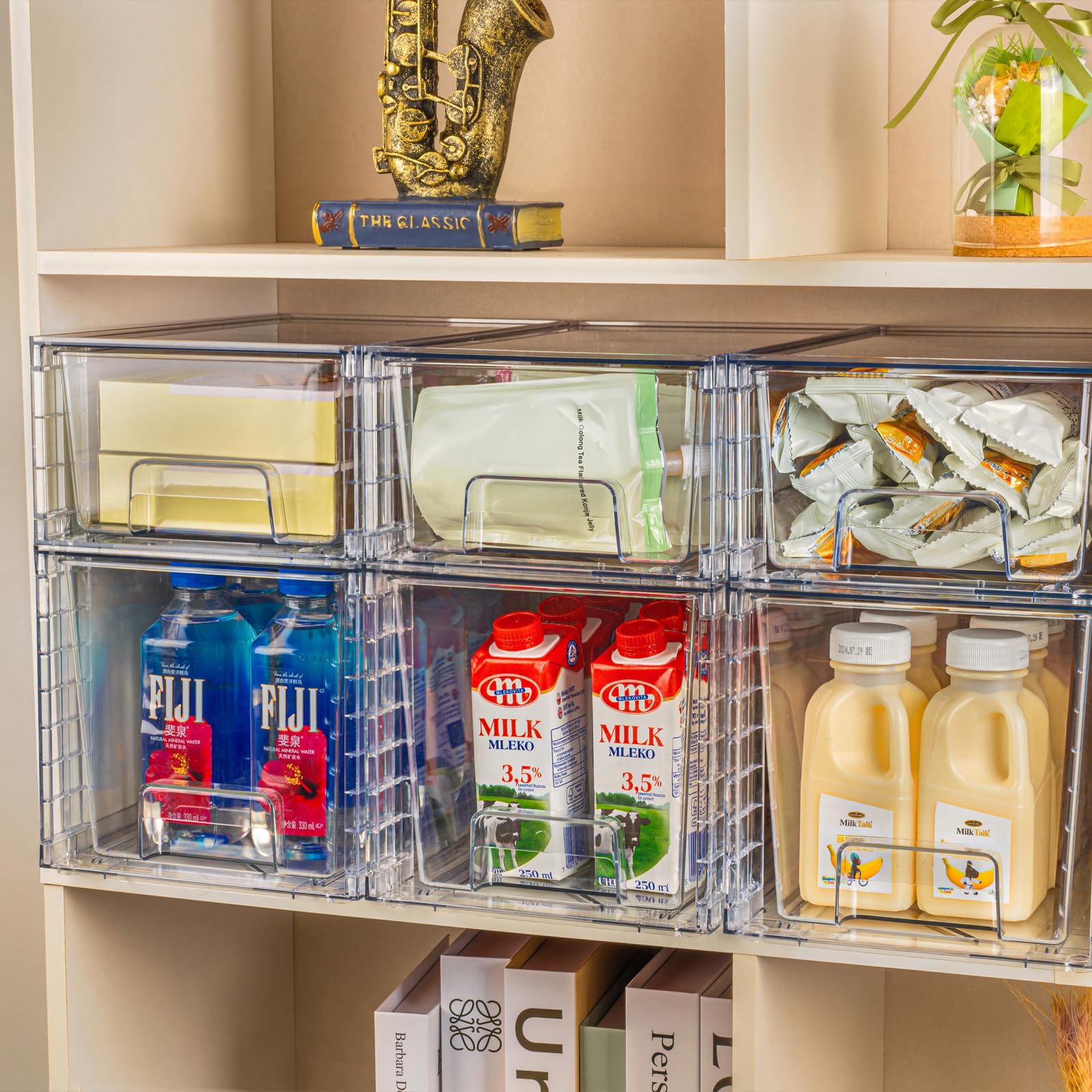 Zero Zoo 2Pack Large Stackable Kitchen Storage Drawers, Clear Foods Organizer Bins with Handles, Easily Assemble for Bathroom, Kitchen, Pantry, Cabinet, Closet (Down Handled)
