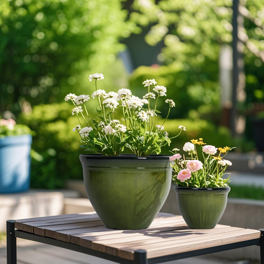 Worth Garden 8-Inch Dia. Round Green Plastic Planters with Drain Holes, 5.9-Inch Height - 2-Pack Glossy Finish Bell-Shaped Plant Pot – Lightweight Indoor/Outdoor Flower Pots