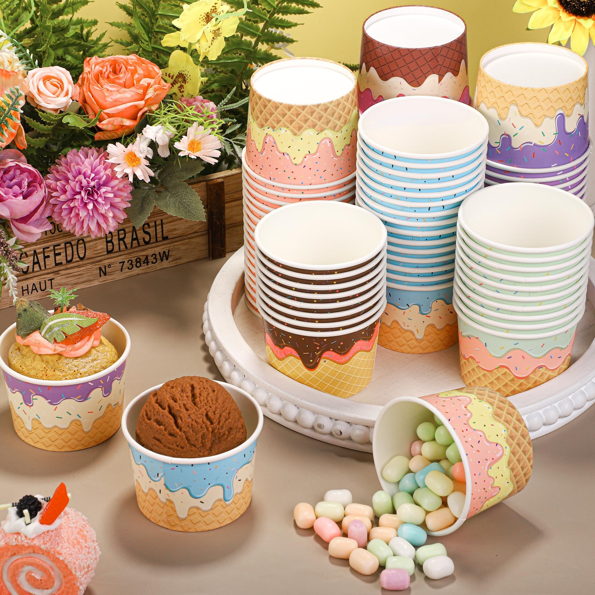 Kochorie 120 Pieces Paper Ice Cream Cups 8 Ounces Disposable Dessert Bowls Ice Cream Containers Sundae Bowls Party Supplies Treat Cups for Hot and Cold Sundae Soup Frozen Yogurt, 6 Designs