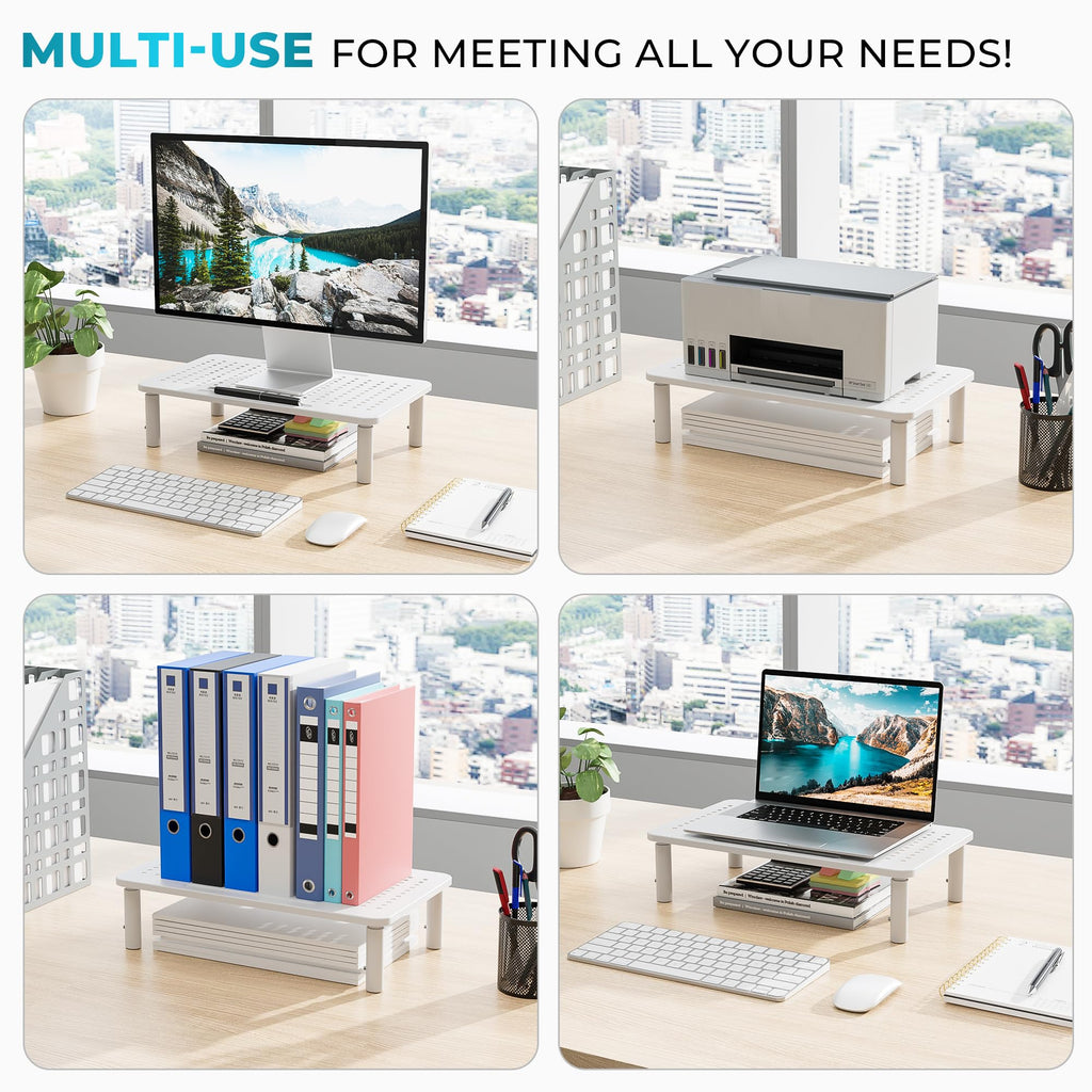 BONTEC 2 Pack Monitor Stand Riser, 3 Height Adjustable Monitor Stand for Desk, Computer Monitor Riser Stand with Mesh Platform for Laptop, Computer, iMac, PC (White)