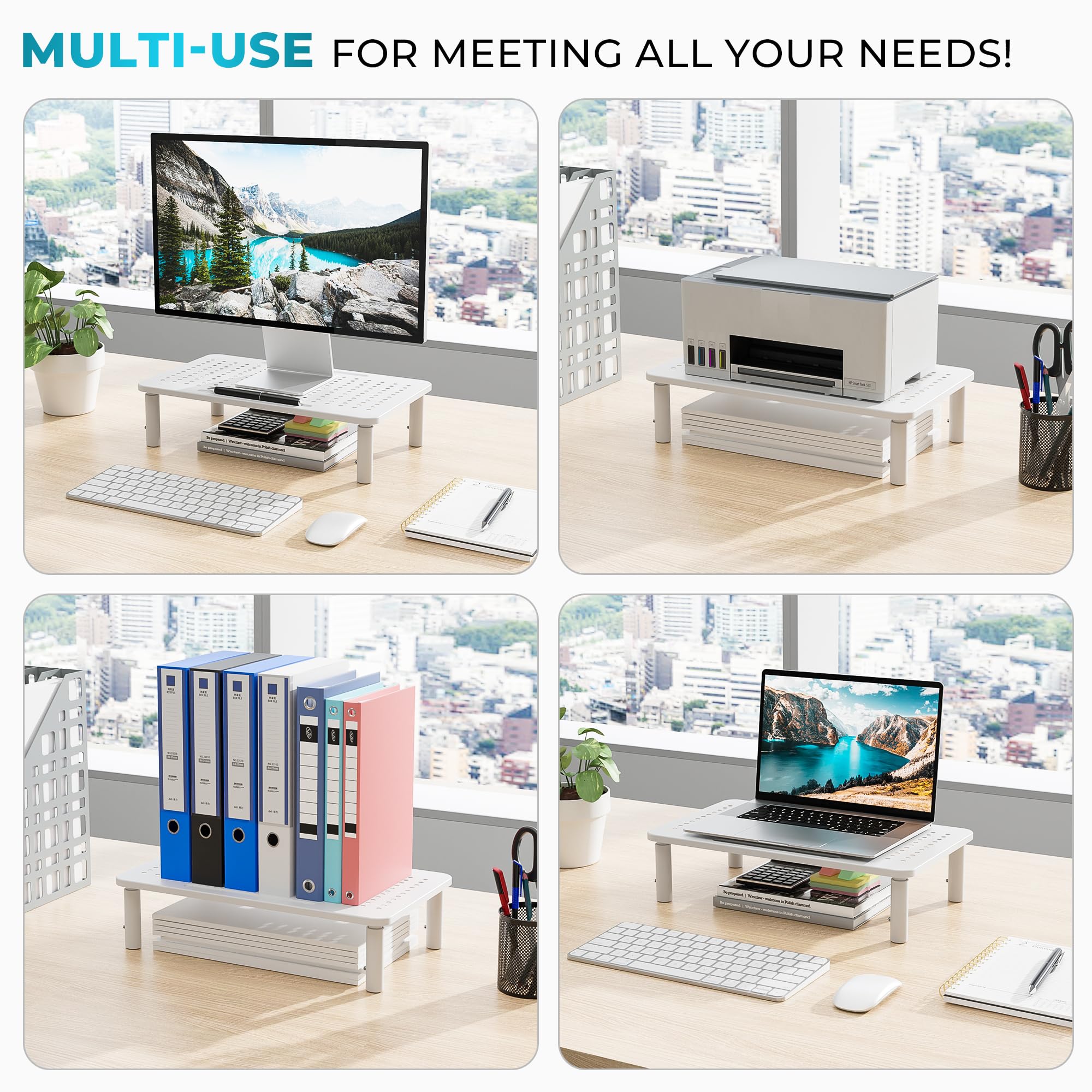 BONTEC 2 Pack Monitor Stand Riser, 3 Height Adjustable Monitor Stand for Desk, Computer Monitor Riser Stand with Mesh Platform for Laptop, Computer, iMac, PC (White)
