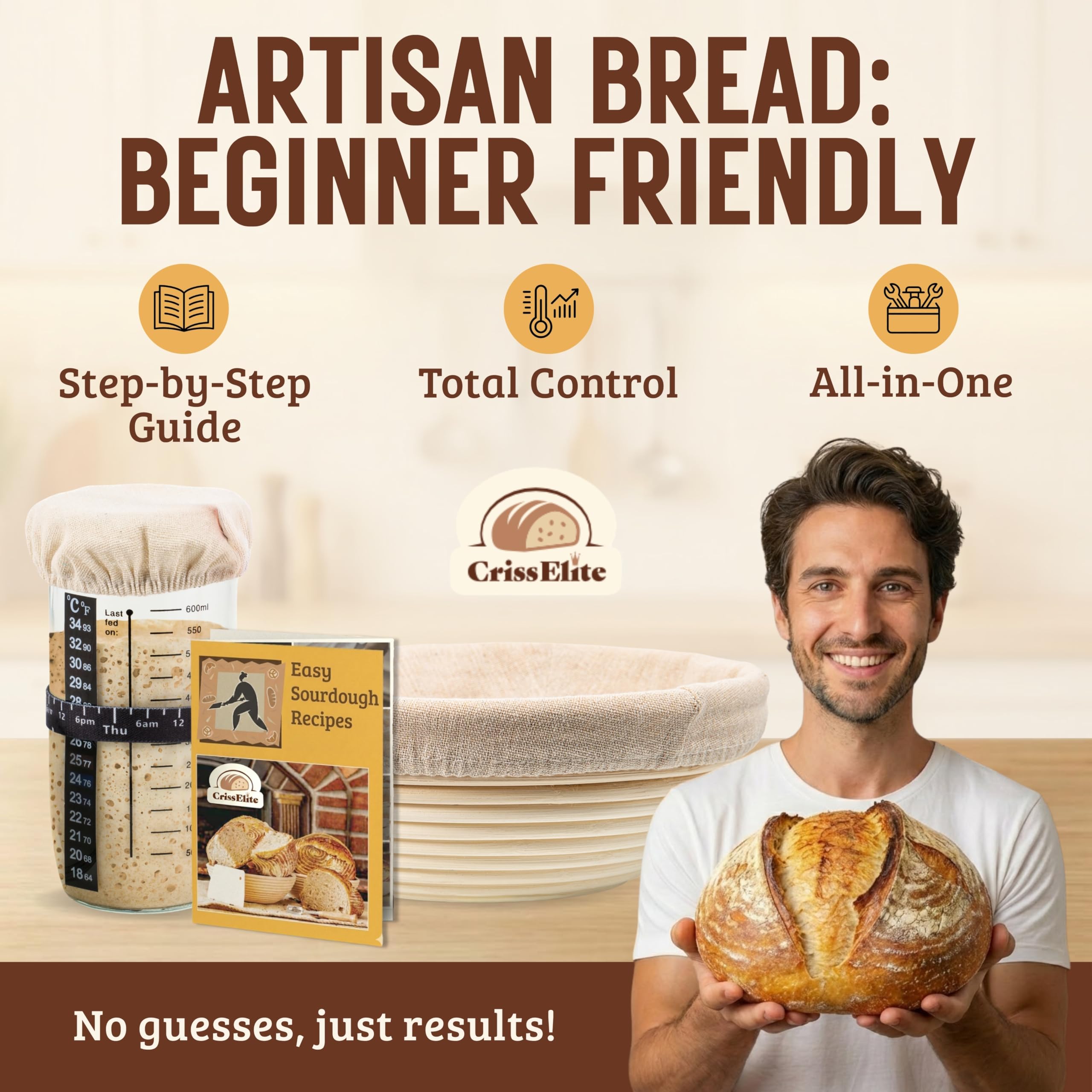 Sourdough Starter Kit for Beginners – 9”(23cm) Banneton Bread Proofing Basket with 24oz(710ml) Glass Sourdough Starter Jar & Sourdough Bread Baking Supplies, Easy No-Fail Kit, Gift for Home Bakers