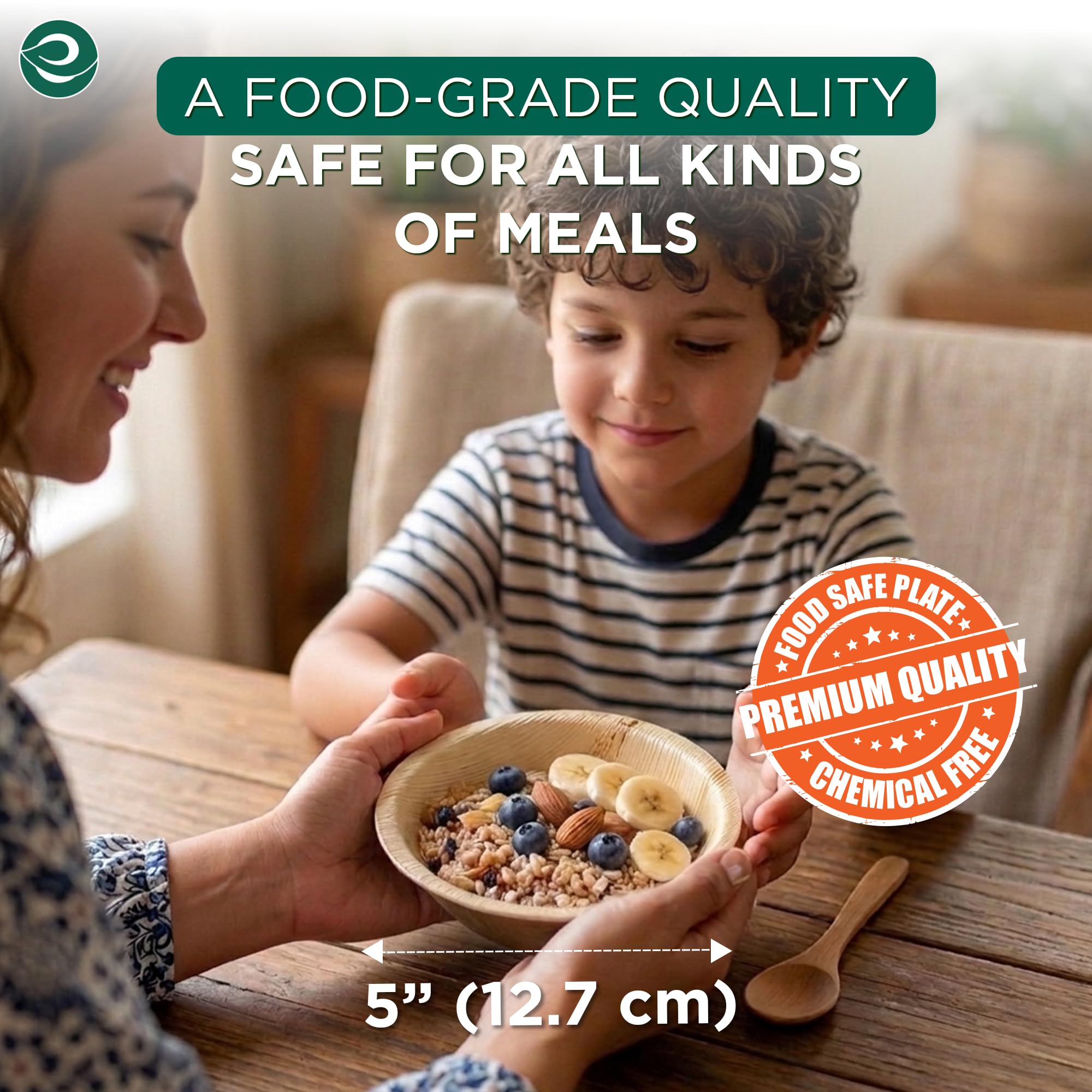 ECO SOUL 100% Compostable Small 5 Inch 8 Oz Palm Leaf Bowls [100-Pack] Disposable Dessert Bowls Bamboo Style I Heavy Duty Eco-Friendly Sturdy Bowl I Biodegradable Eco Bowls
