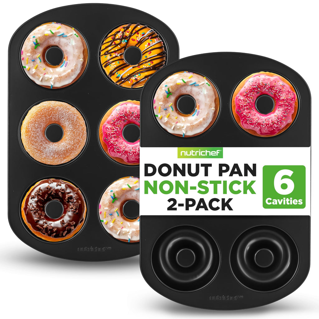 NutriChef Donut Pan - 2 Piece Set of 6 Cavity Nonstick Carbon Steel Donut Molds, Easy Release & Clean, Great for Bagels, Desserts & Chocolate, Dishwasher and Oven Safe