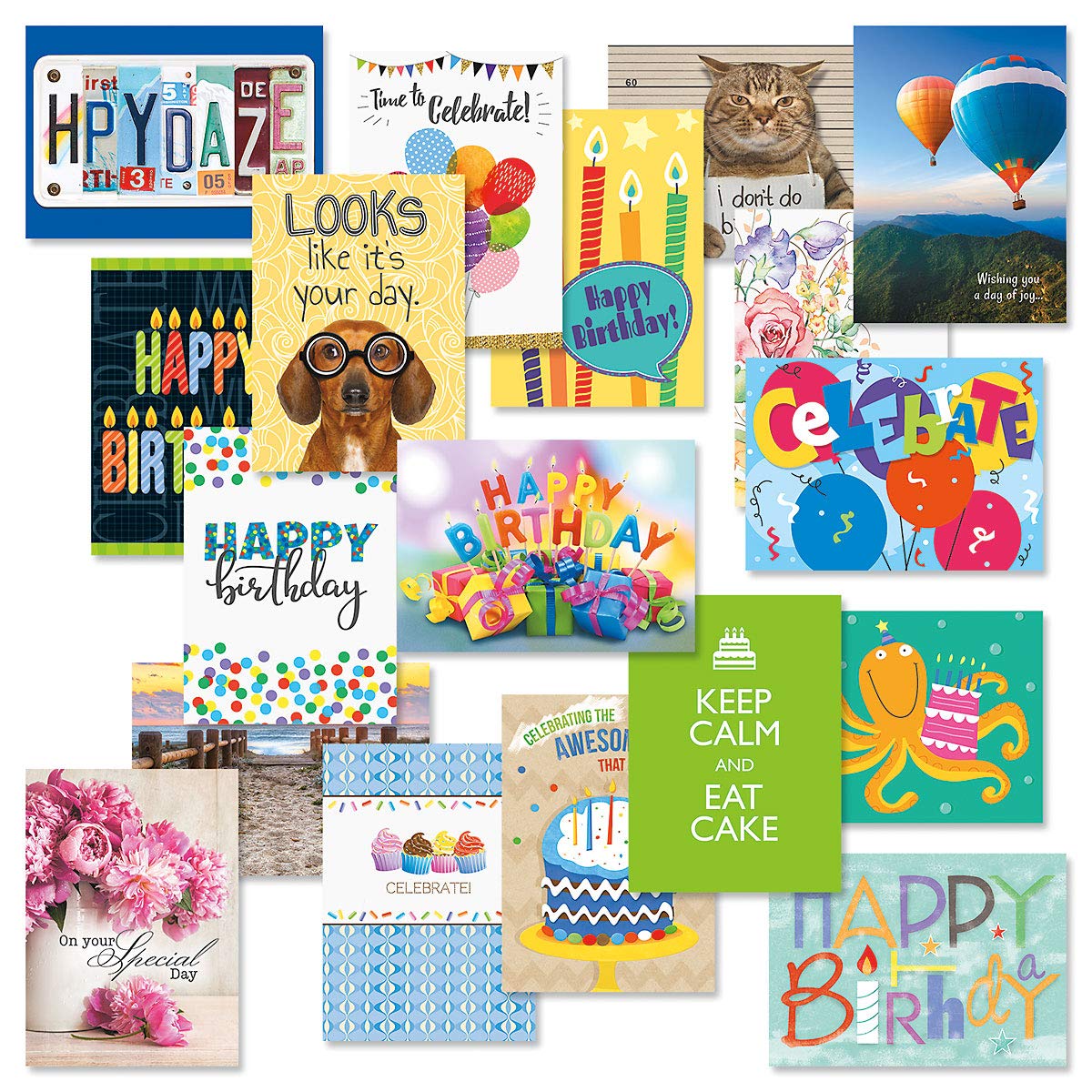 Current Mega Happy Birthday Greeting Card Value Pack – Set of 36 (18 Designs), Large 5 x 7 inches, Envelopes Included