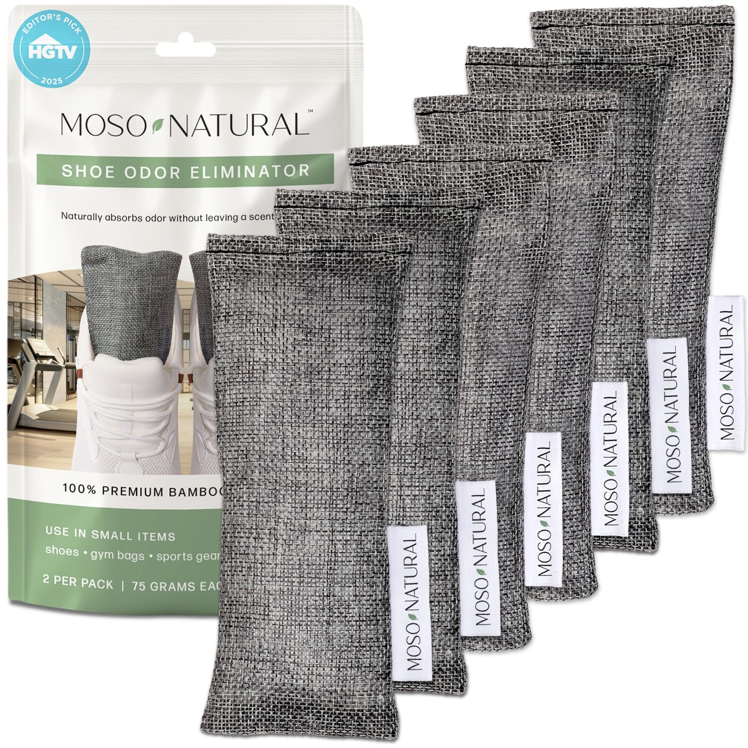 Moso Natural Shoe Deodorizer Insert (3 Pack) Charcoal Odor Absorber for Shoes | Gym Bag & Boot Deodorizer | Long-Lasting Shoe Odor Elimination | Unscented Air Purifying Bags (Two Per Pack. 6 Total)