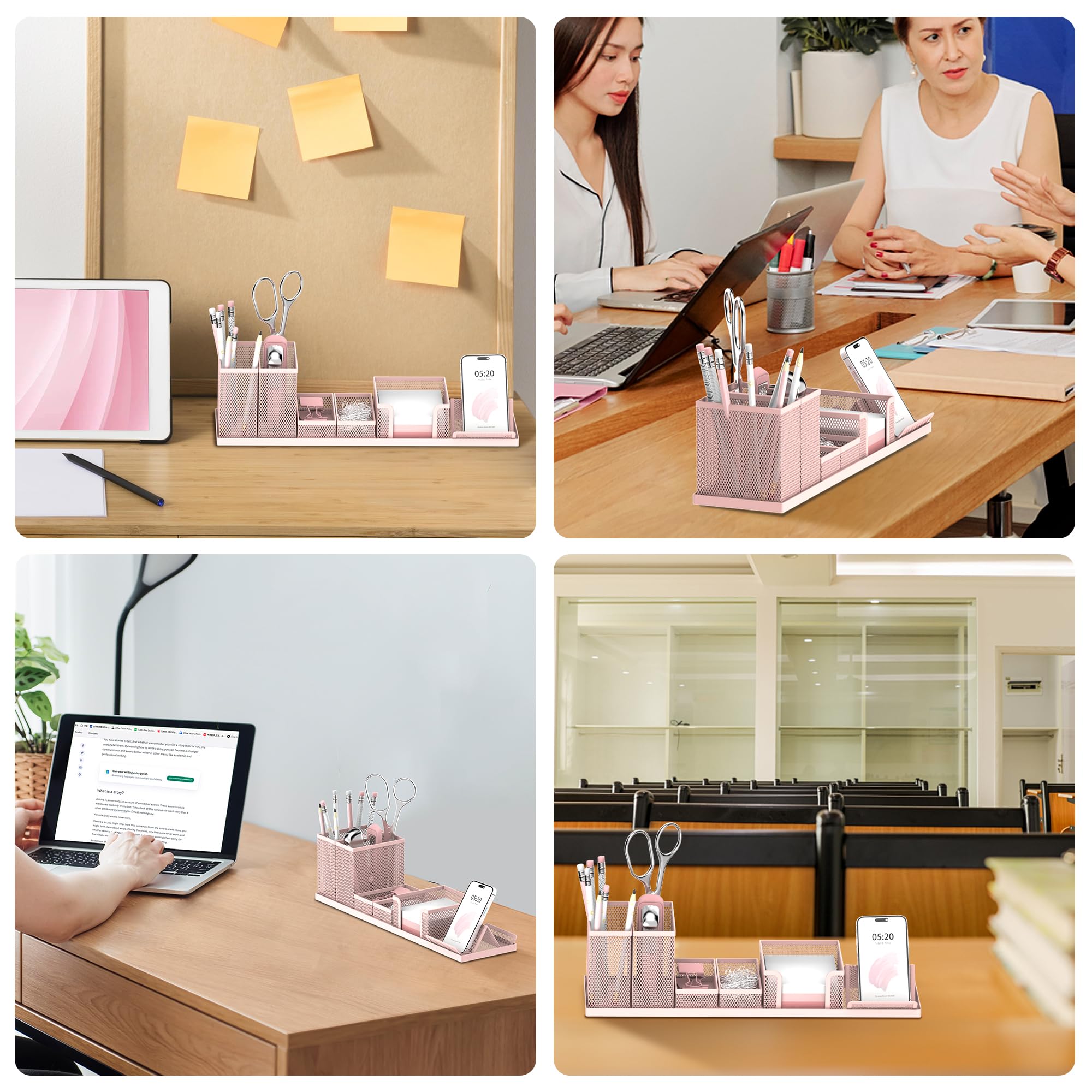 SUPEASY Desk Organizers and Accessories for Office Supplies Organization with 6 Compartments, Desk Organizer with Phone Holder, Pen Holder, Sticky Note Tray, Pink