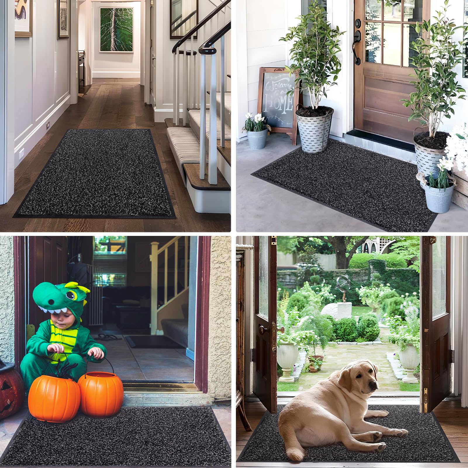 Mibao Front Door Mat, Dirt Trapper Welcome Mat for Outdoor Indoor, Non-Slip Waterproof Doormat, Durable Machine Washable Low Profile Entry Rug for Back Door Outside Patio Porch, 32" x 20", Black