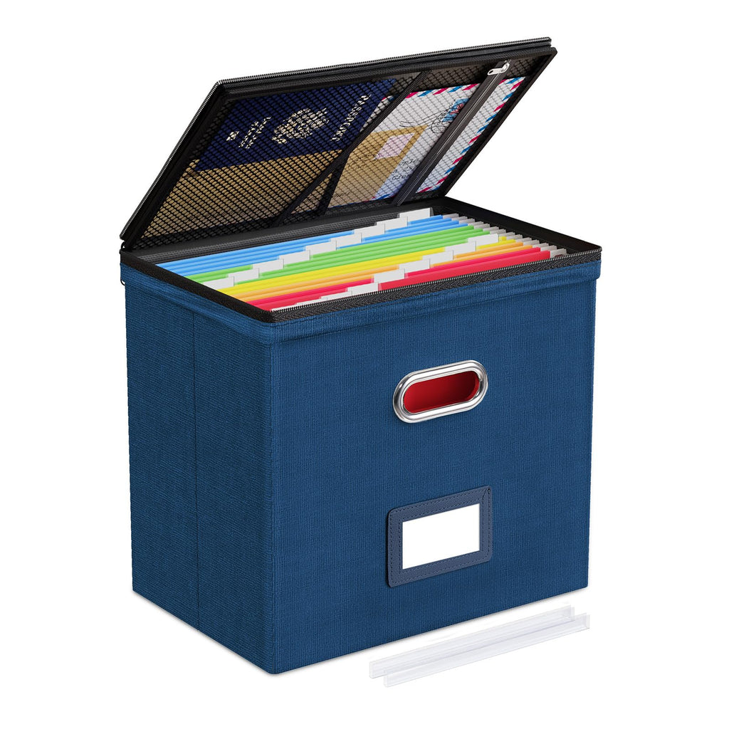 Oterri Zipper File Box with Lid, Letter Size File Organizer with Mesh Pockets, Portable Filing Box with Handle, Zippers Document Organizer Storage Box for Office/Home/School (1 Pcs, Dark Blue)