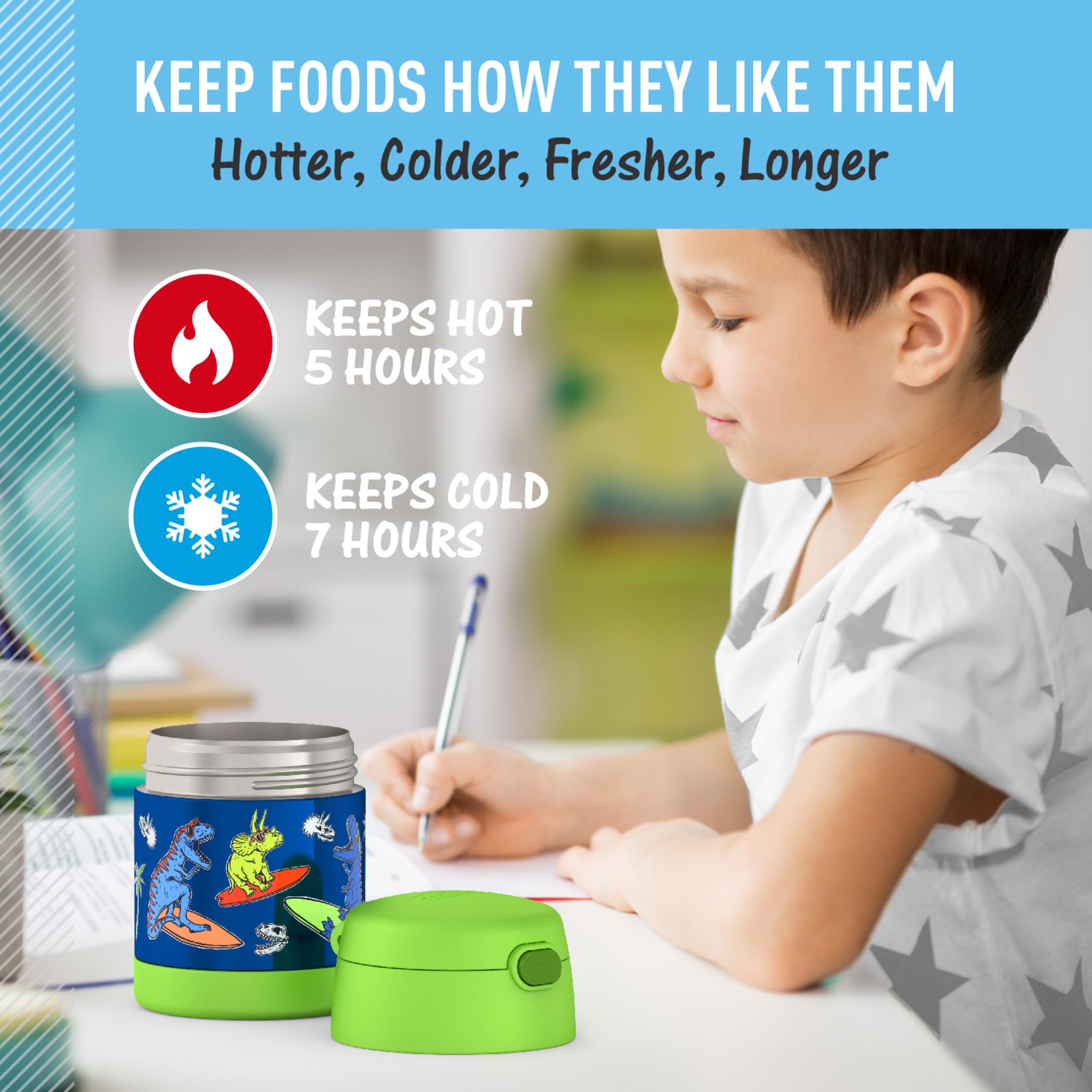 THERMOS FUNTAINER 10 Ounce Stainless Steel Vacuum Insulated Kids Food Jar with Spoon, Daring Dinos