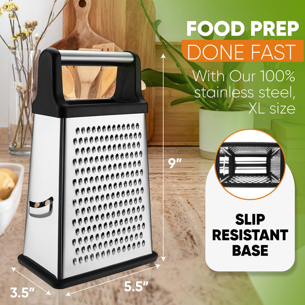 Professional Cheese Grater - Stainless Steel, XL Size, 4 Sides - Perfect Box Grater for Parmesan Cheese, Vegetables, Ginger - Dishwasher Safe - Black