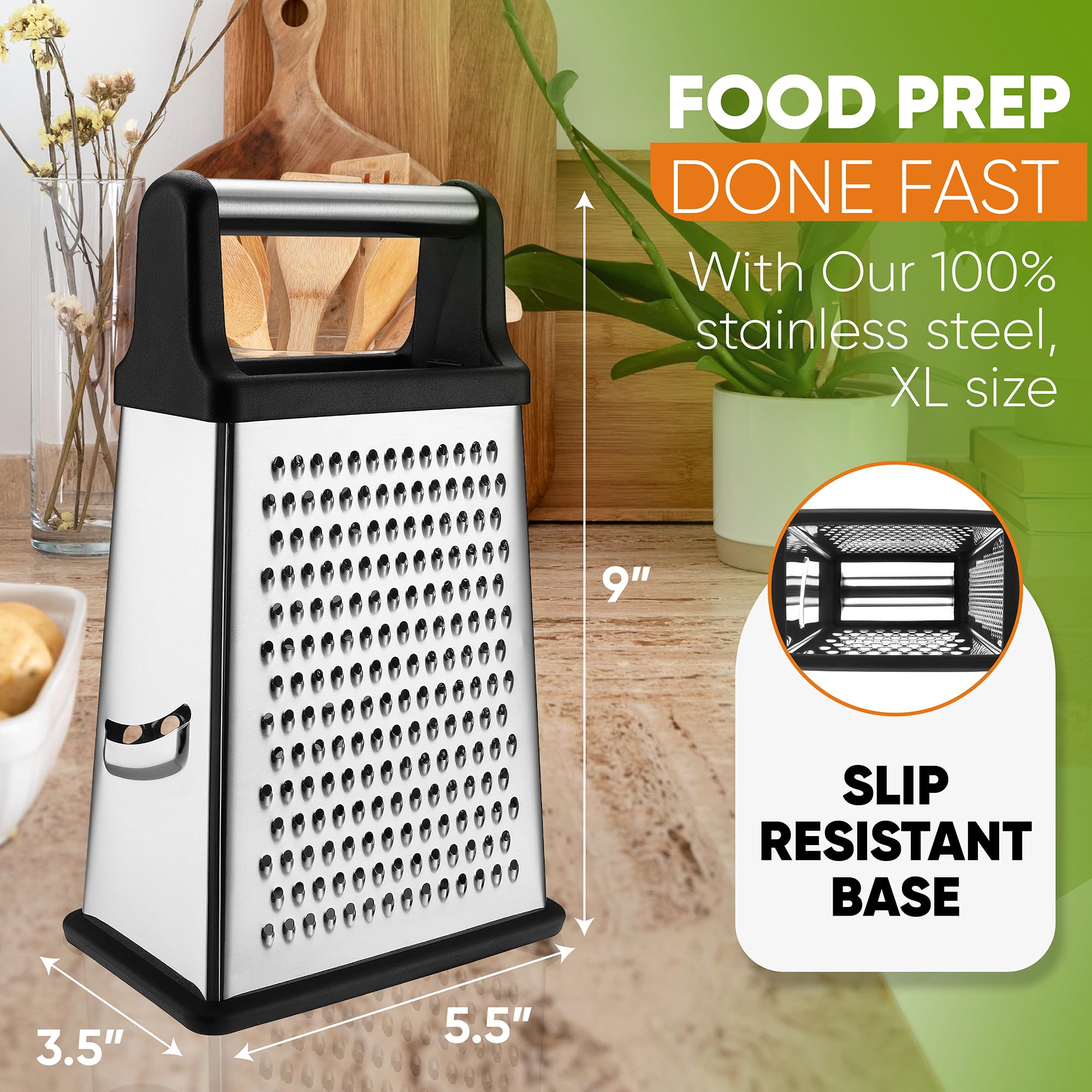Professional Cheese Grater - Stainless Steel, XL Size, 4 Sides - Perfect Box Grater for Parmesan Cheese, Vegetables, Ginger - Dishwasher Safe - Black