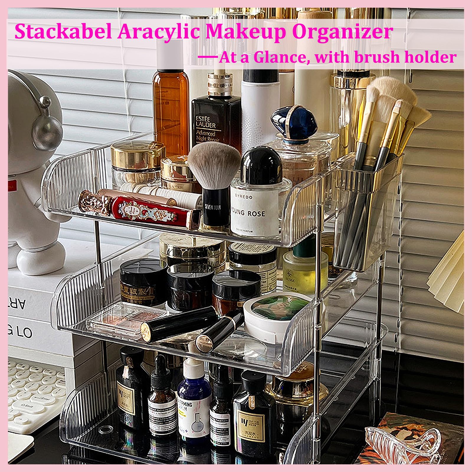 Paper Organizer Letter Tray - Arcylic Desk File Organizer with Pencil Holder and Top Box, Stackable Paper Organizer for Desk, Office Organizers for Letter/A4 Office File, Books