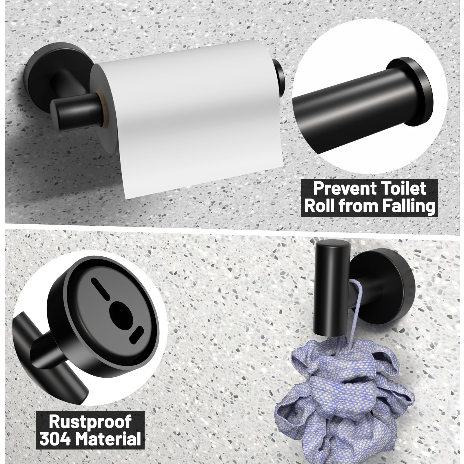Matte Black Bathroom Accessories 4 Pieces, 16 Inch Stainless Steel Towel Bar Set, Towel Bar, Towel Ring Holder, Toilet Paper Holder, Wall Hook, Black Bathroom Towel Rack Set