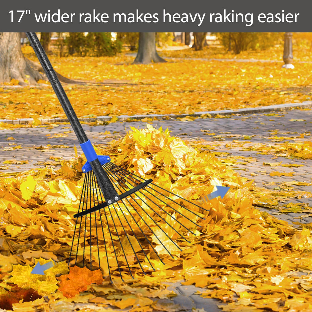 Oliynedy Adjustable Metal Leaf Rake 30-55 inch, Garden Rakes for Lawns Heavy Duty Leaves with Expandable Head 8-17", Yard Women Kids Rake for Gardening RV Camping