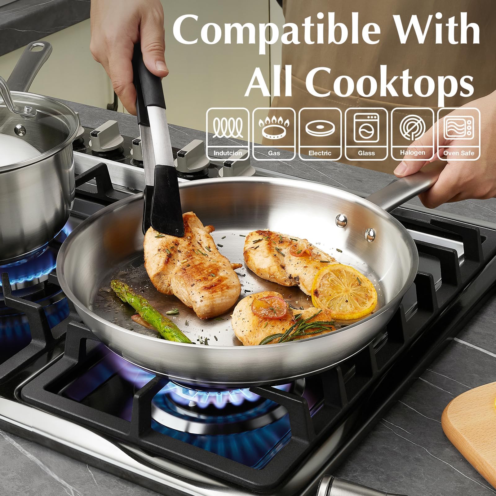 KOCH SYSTEME CS 8 Inch Stainless Steel Pan, 20cm Stainless Steel Frying Pan with Tri-ply Bottom, Riveted Handle, Fast Even Heat Distribution, Induction Compatible, Oven & Dishwasher Safe