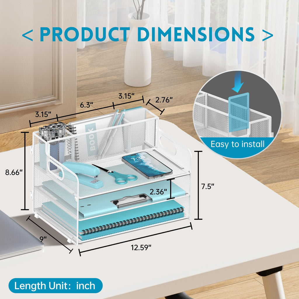 JMHUD 3-Tier Paper Letter Tray Organizer with Pen Holder, Mesh Desk Accessories & Workspace Organizers with Handle, File Sorter Office Supplies for Desk,White