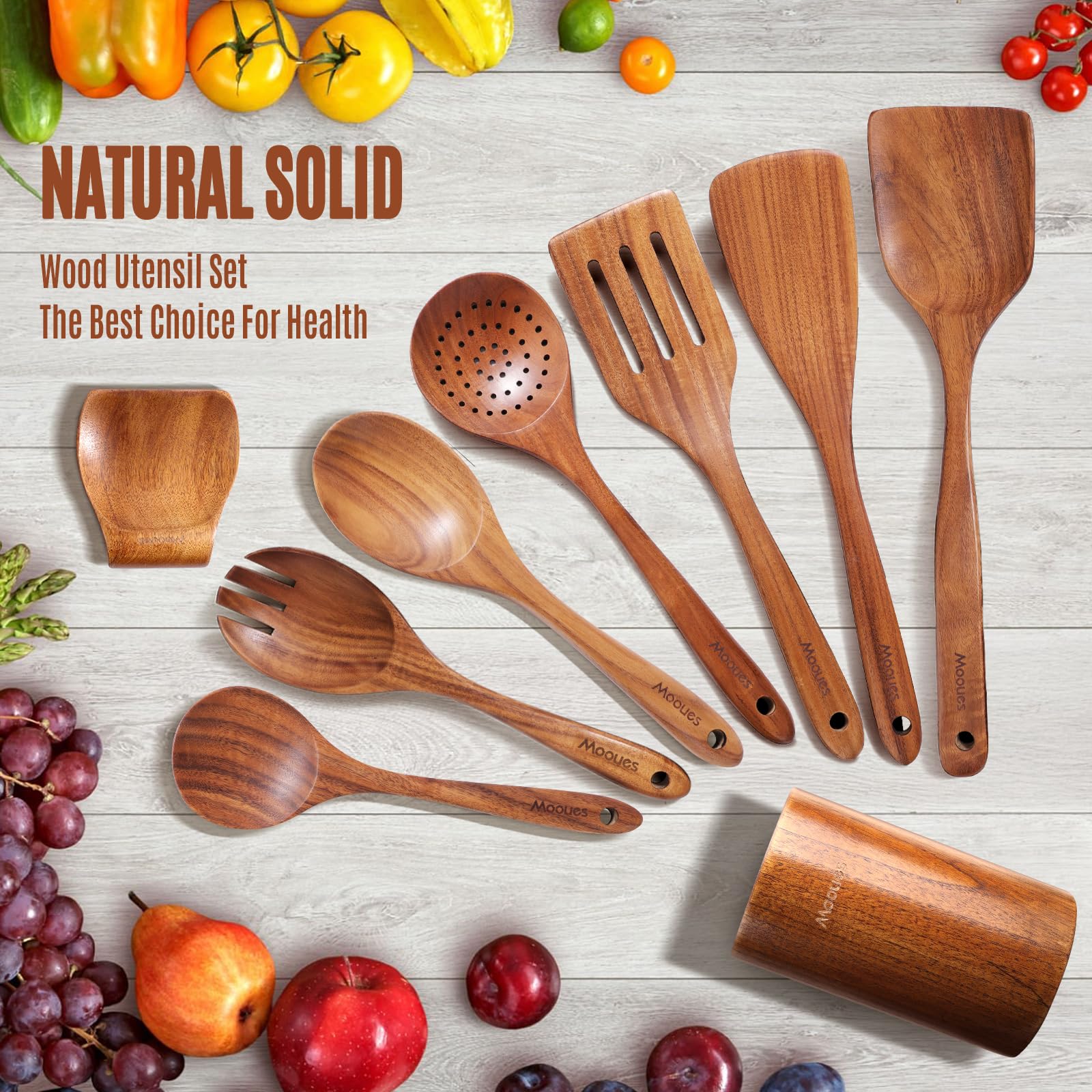 Wooden Spoons for Cooking, Wooden Utensils Set with Spoon Rest for Cooking, Natural Teak Wood Utensils Set NonStick Comfort Grip (9 PCS)
