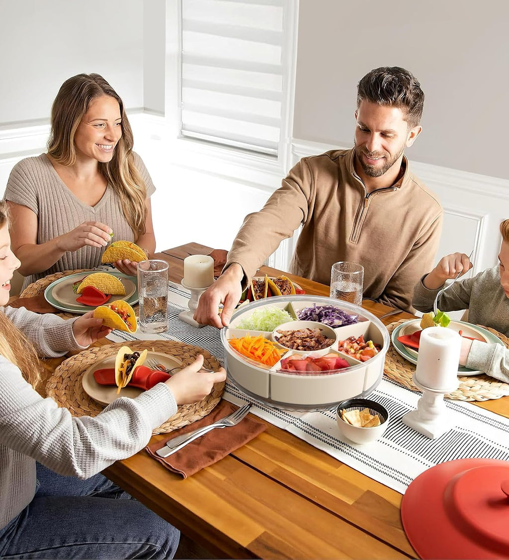 Snackle Box Container, Divided Serving Tray 360° Rotatable with Lid and Handle, Platter Round Portable Storage Organizer for Fruit, Candy, Veggie, Nuts, Spices& Snacks, Perfect for Party or Travel