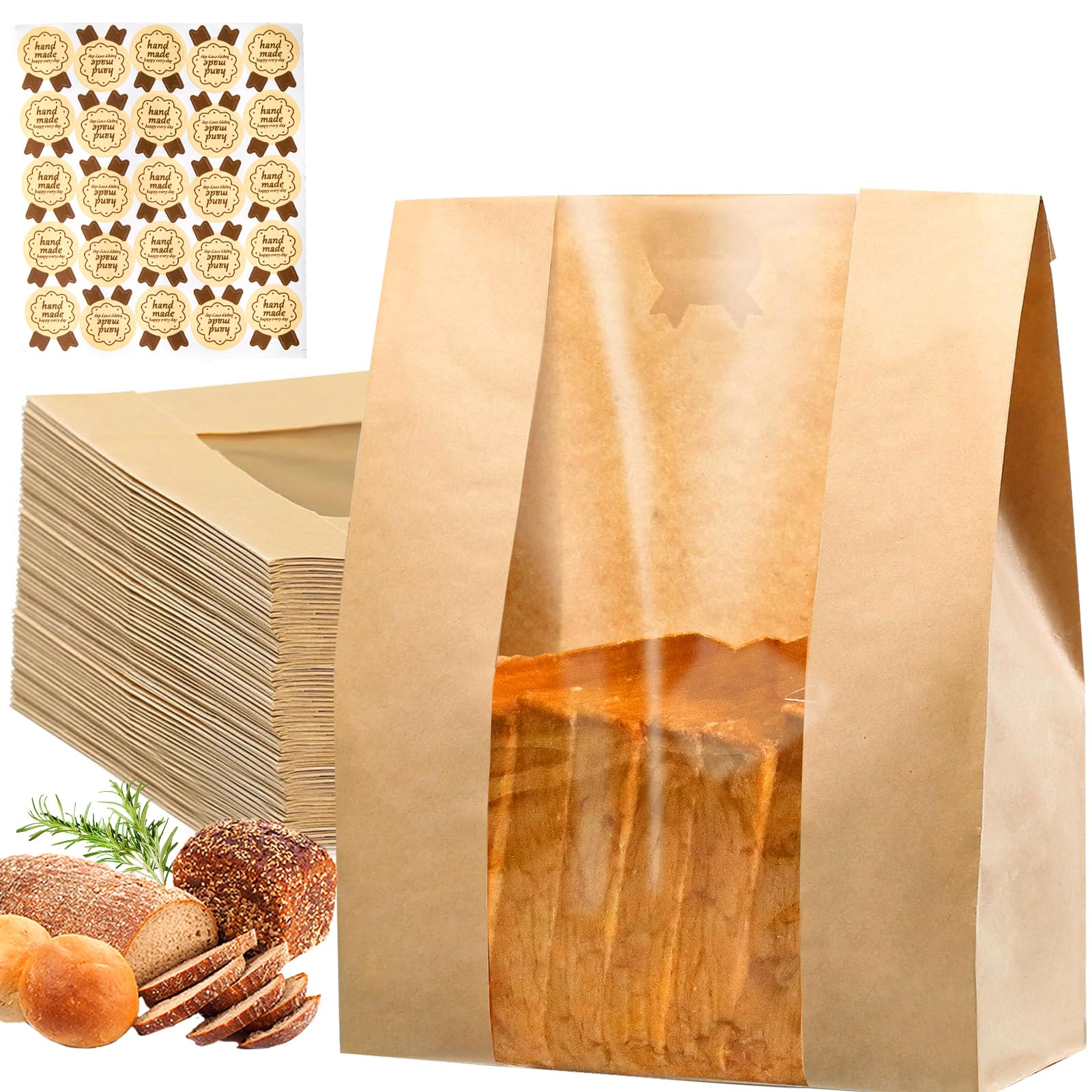 100Packs Sourdough Bread Bags for Homemade Bread, Brown Paper Food Storage Bags with Clear Window Includes Label Seal Stickers,Bakery Packaging Bags Large 13.7x8.2x3.5inch