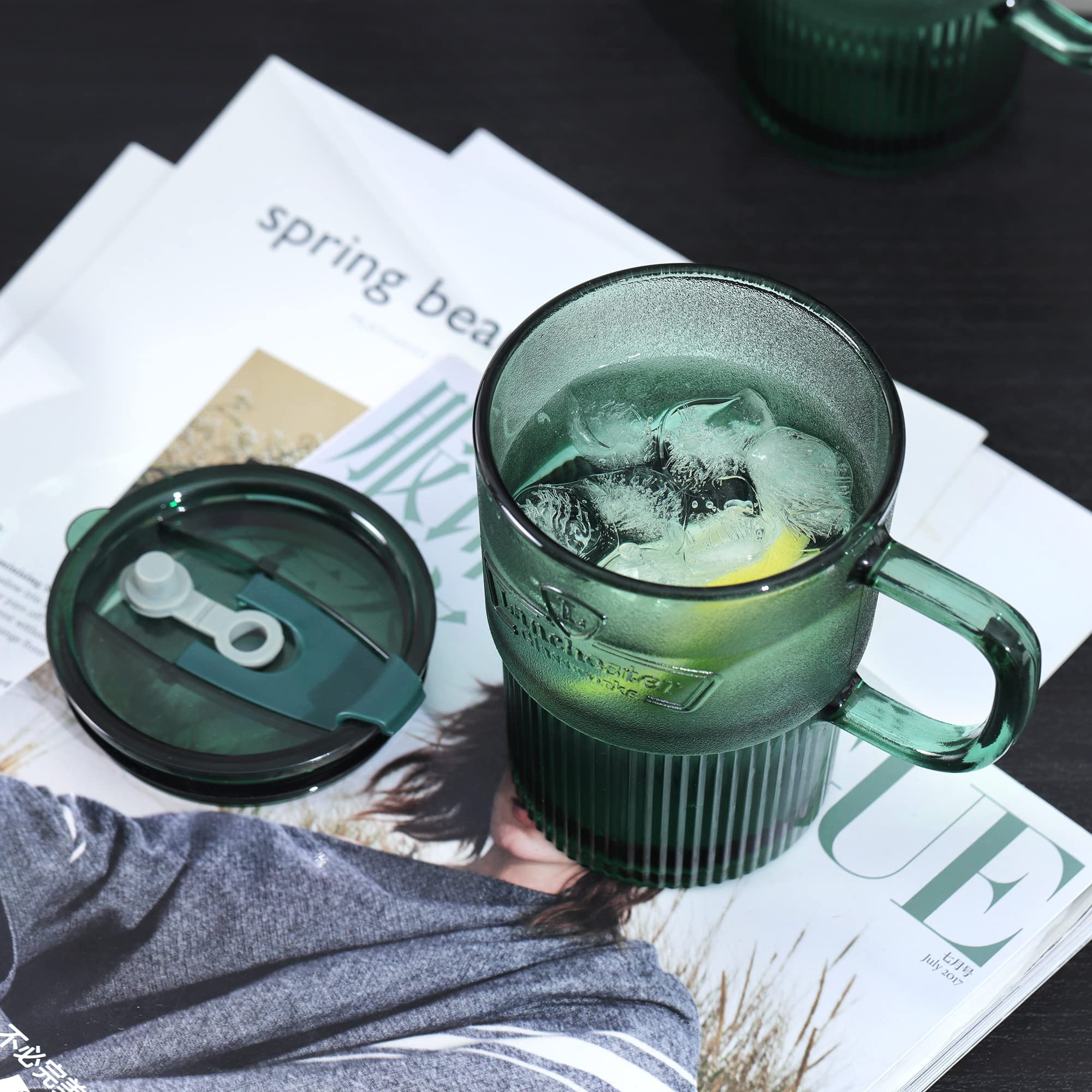 Joeyan Glass Coffee Cup Tumbler with Handle Lid and Straw, Smoothie Iced Coffee Tea Glasses Mug, Green Colored Drinking Jar for Water Juice Beverages Soda Milk, 15oz, Set of 2, Dishwasher Safe