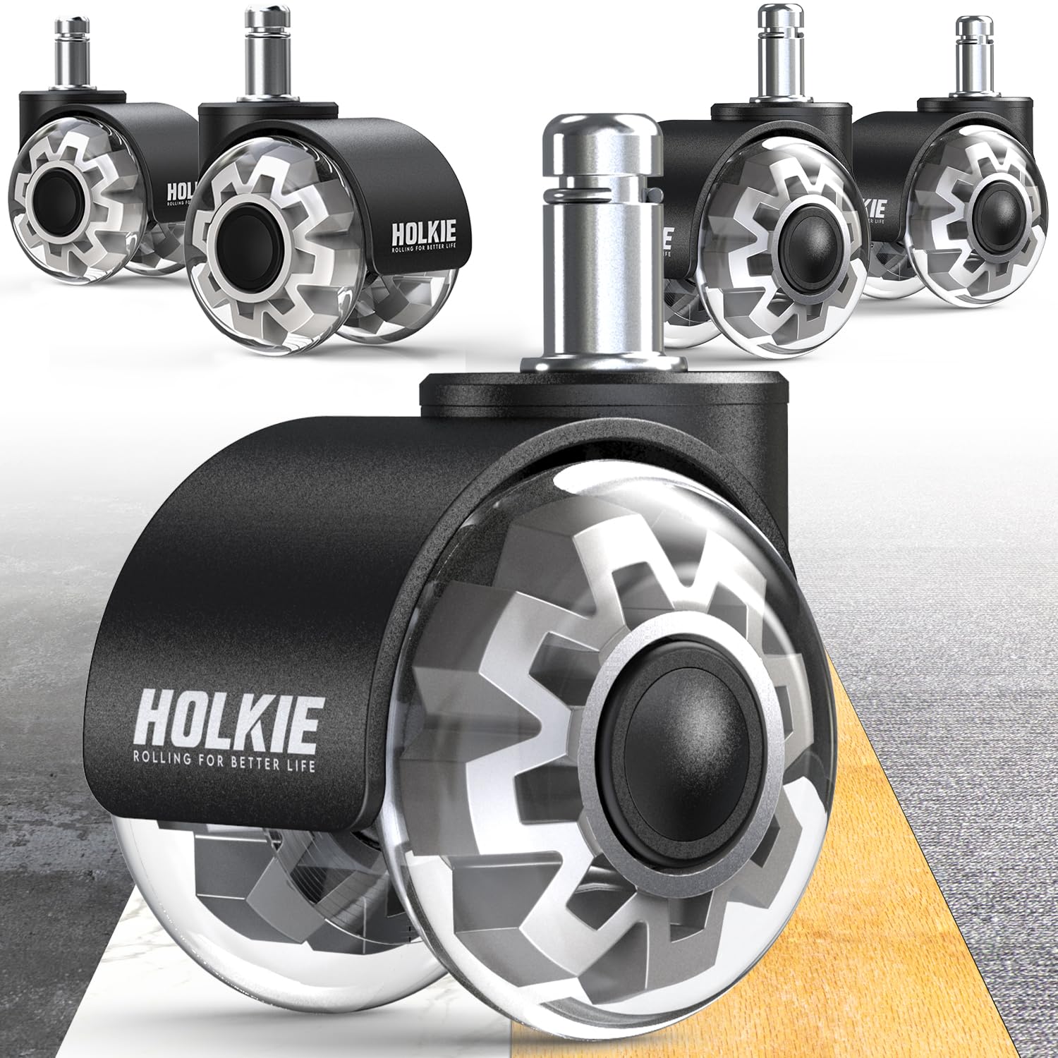 HOLKIE Office Chair Wheels Replacement 11x22mm Universal Fit 2 Inch Casters, Grey Dual Rubber Smooth & Quiet Rolling Desk Wheels-Set of 5 for Hardwood Floors & Carpet Computer Gaming Chair Wheels