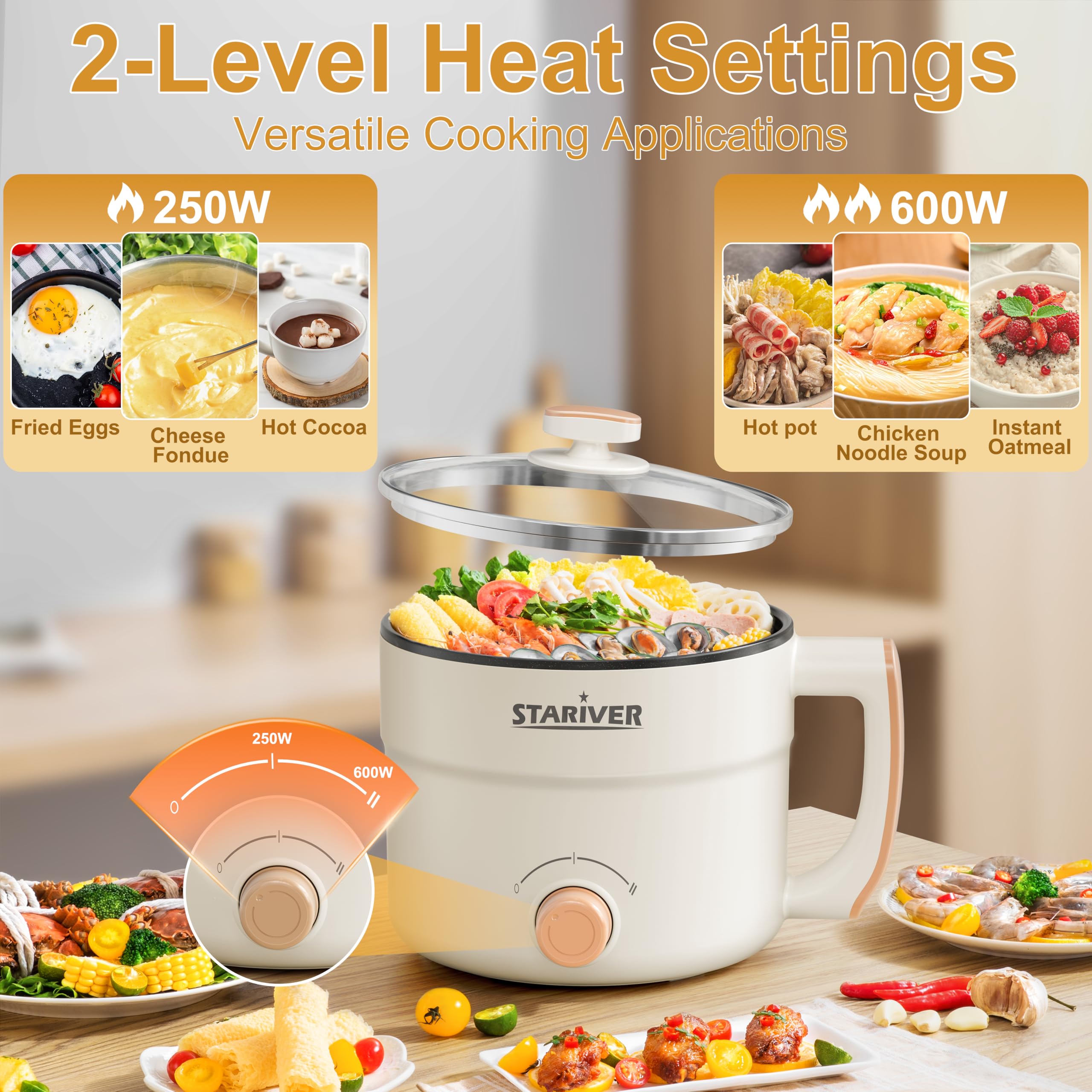 Stariver 1.5L Electric Hot Pot with Dual Power - Mini Portable Non-Stick Noodle Cooker for Ramen, Soup, Pasta, Egg, Oatmeal - Overheat & Boil-Dry Protection - Ideal for Dorm, Office, Travel Gift