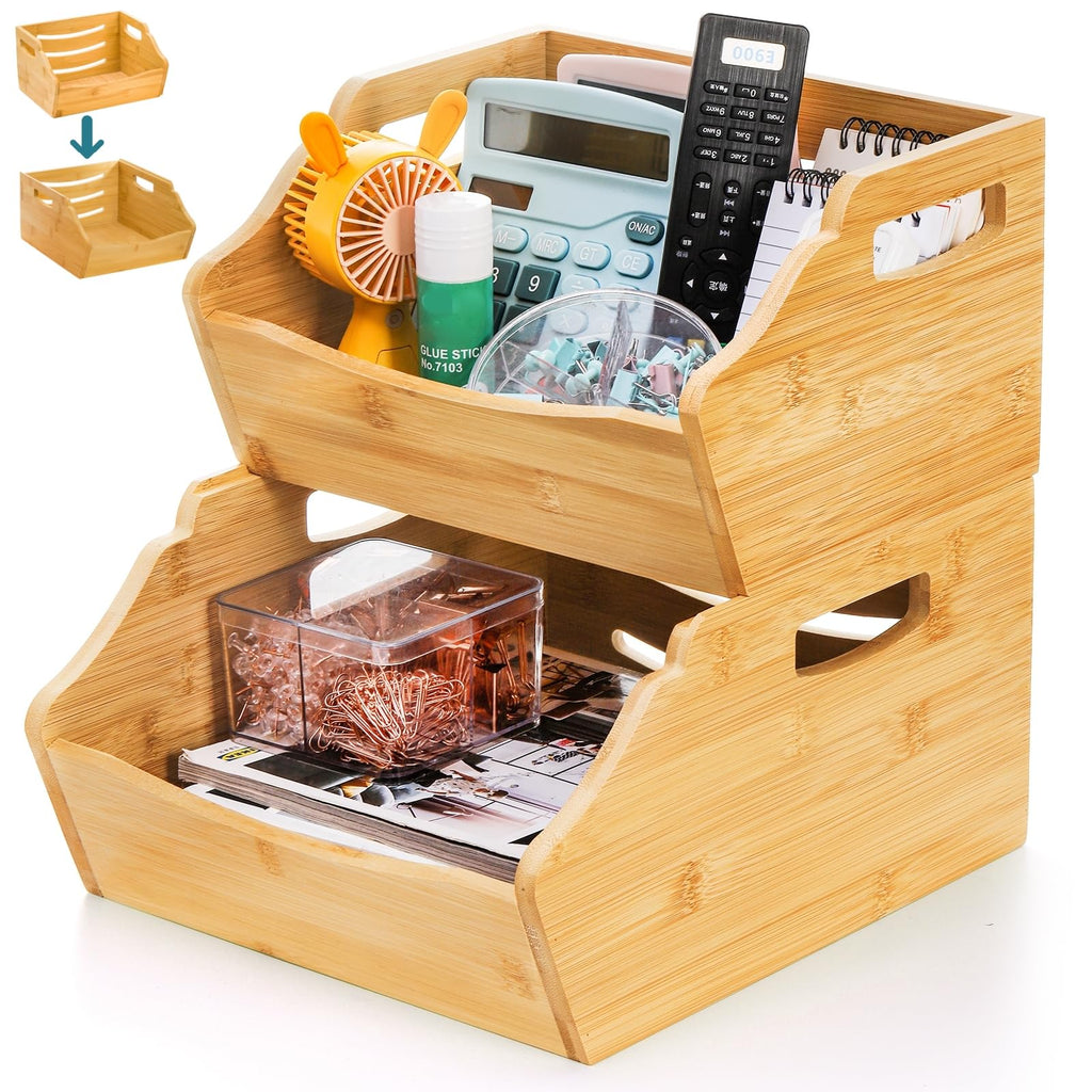 Cididu 2 Pack Bamboo Stackable Storage Bin, Countertop Open Front Stacking Bins, 2 Tier Organize Basket Box with Handle, Food Fruit Container for Cabinet, Kitchen, Studio, Office