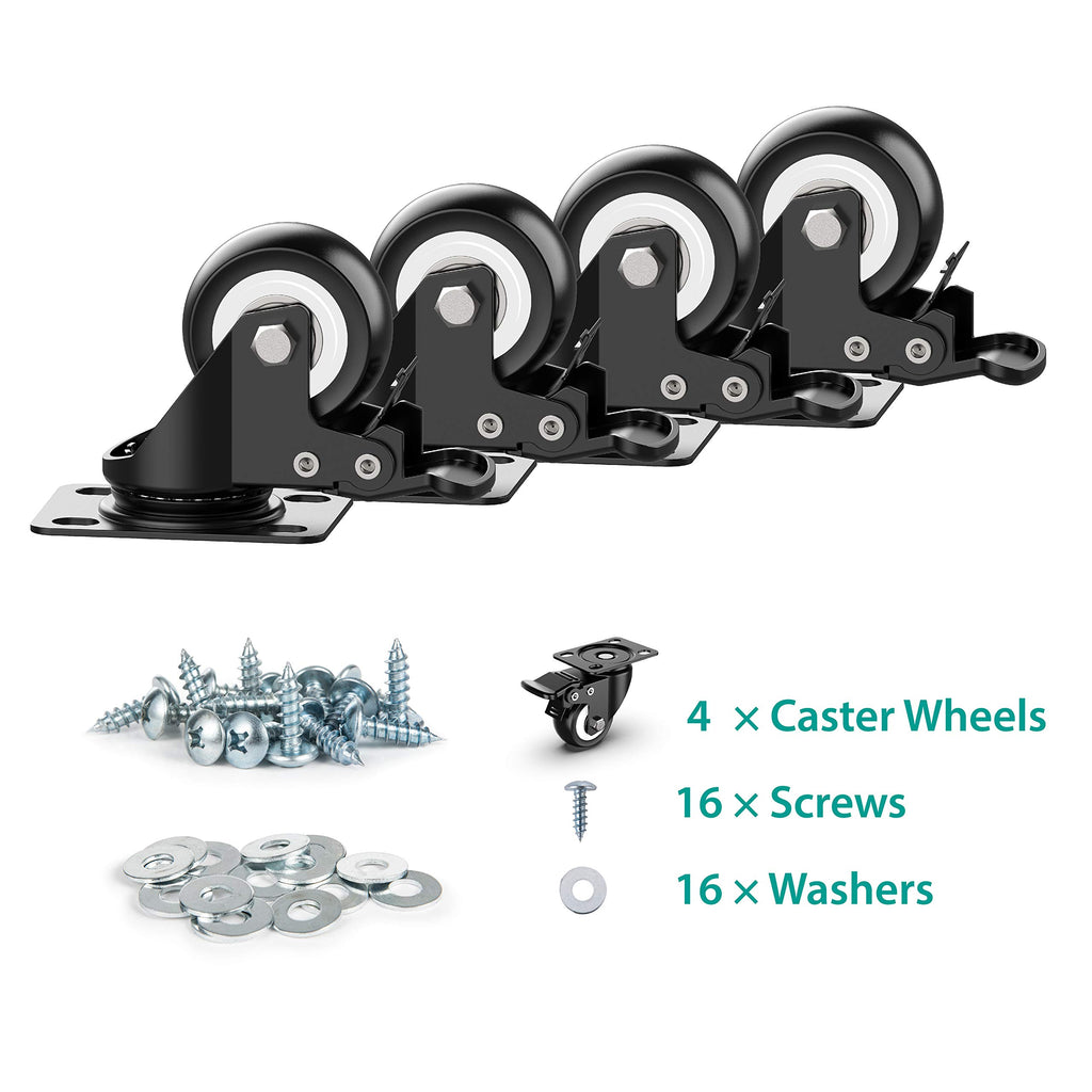 2 inch Swivel Caster Wheels,Heavy Duty Plate Casters with Safety Brake Total Capacity 600lbs (Pack of 4)