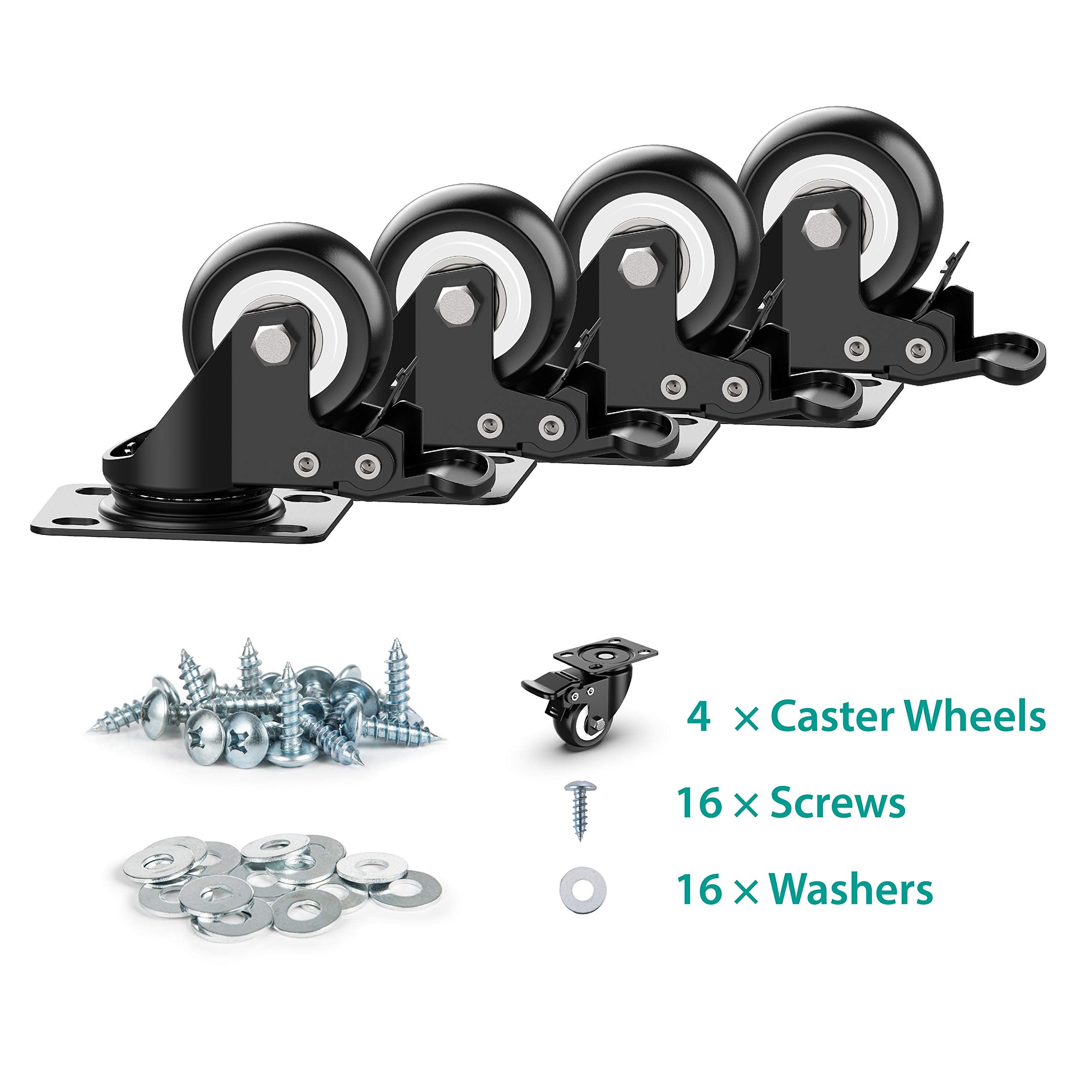 2 inch Swivel Caster Wheels,Heavy Duty Plate Casters with Safety Brake Total Capacity 600lbs (Pack of 4)
