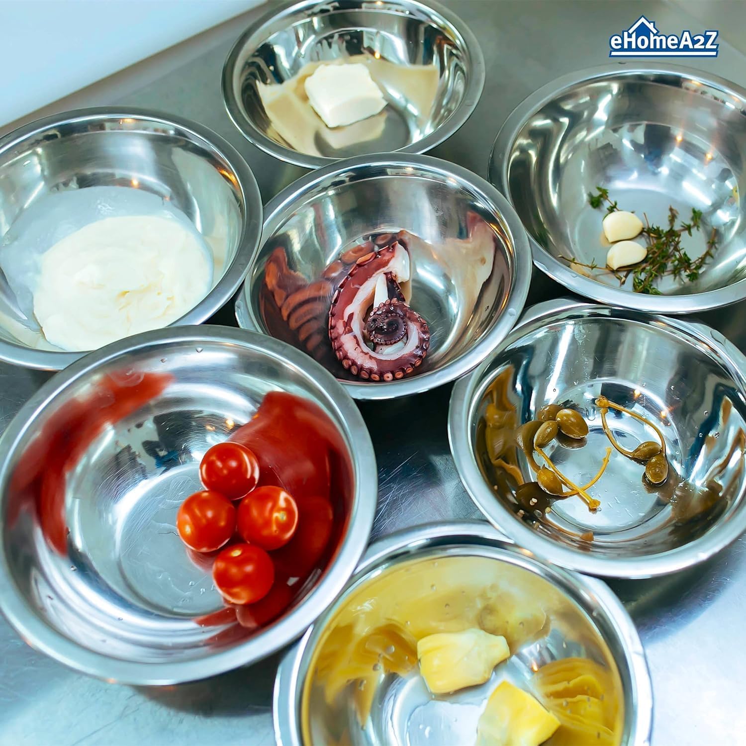 EHOMEA2Z Mixing Bowls Metal Stainless Steel,Kitchen Nesting Bowls for Space Saving Storage Gadgets, Baking, Cooking, Breader Bowl, Polished Mirror