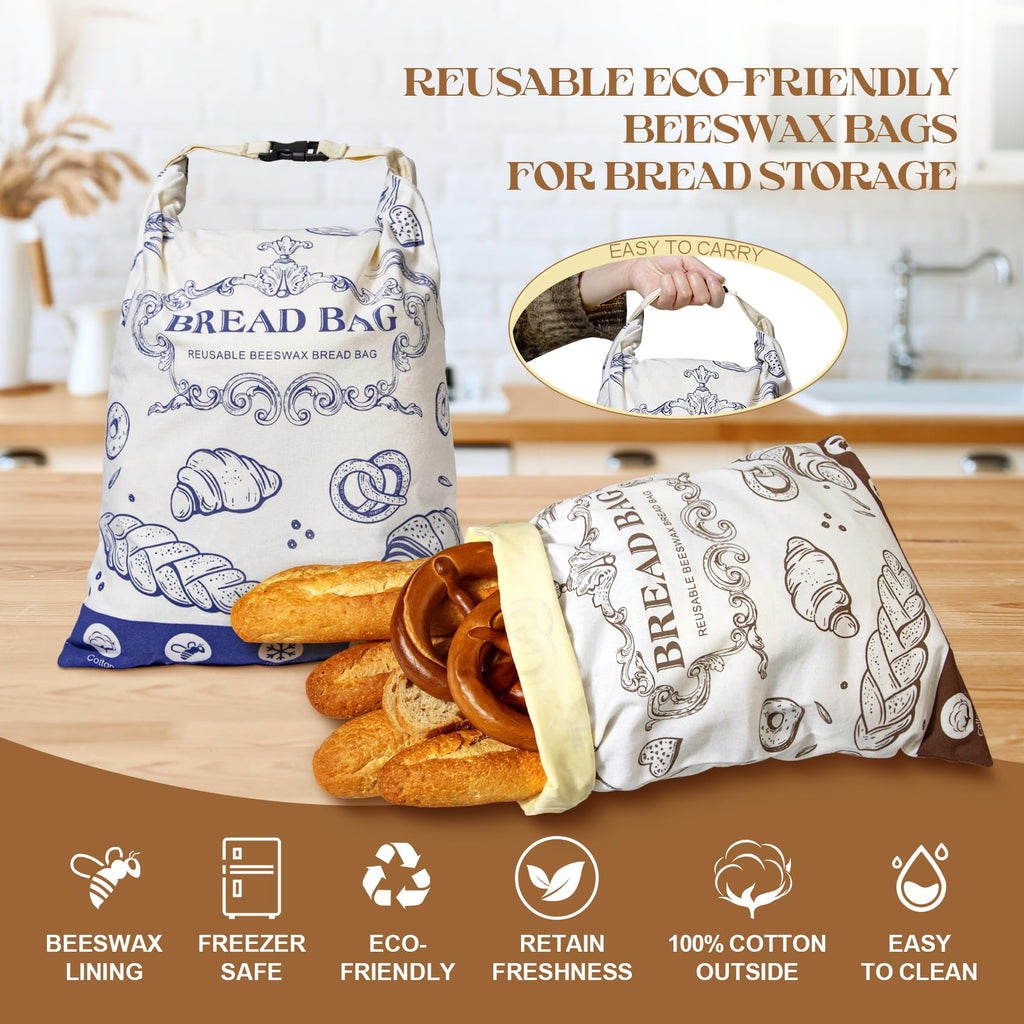 2 Pcs Beeswax Bread Bags,With Buckle Reusable Bread Bag,Large Capacity for Homemade Bread,Sourdough Bread Bags,Cotton Beeswax Bag for Fresh Bread Storage